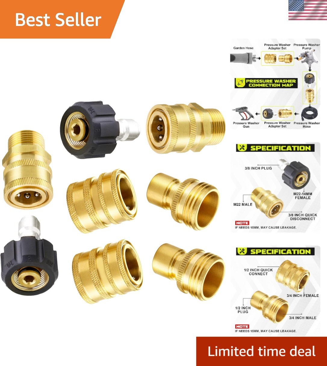 8-Pack Brass Pressure Washer Adapter Set: Quick Disconnect & M22 Swivel Fittings