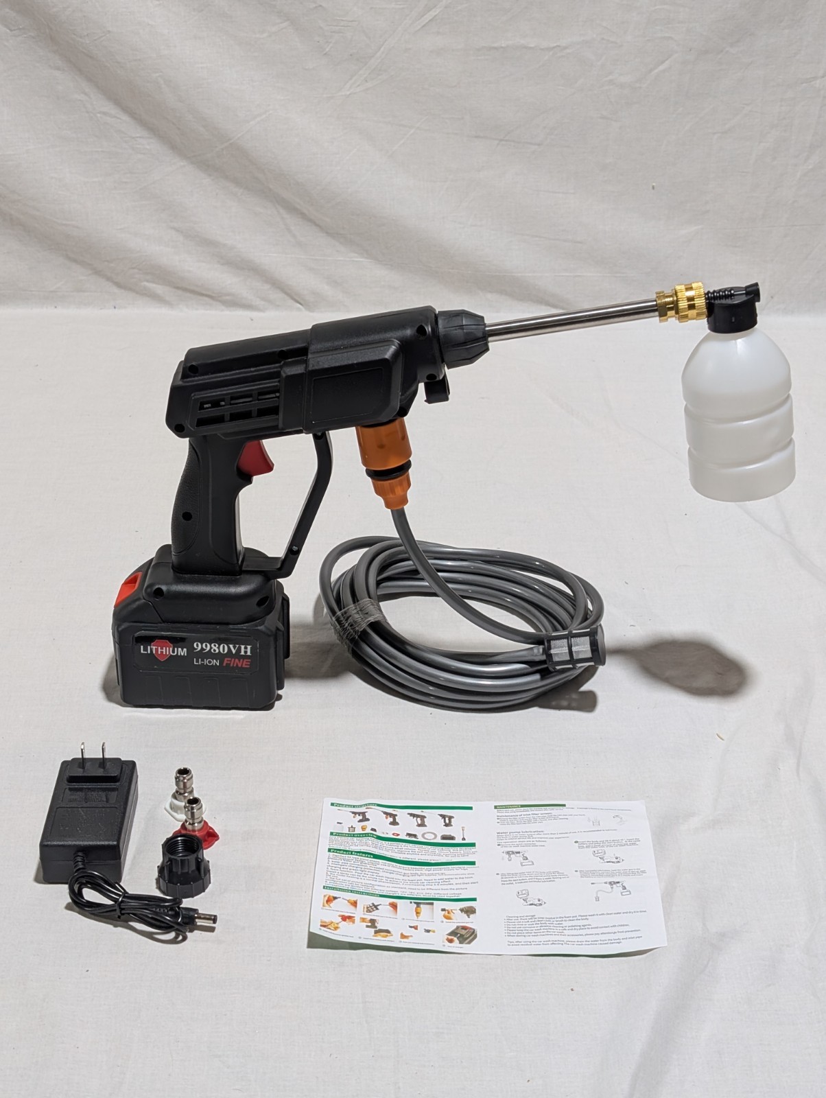 Portable Cordless Pressure Washer Foam Bottle Wand Spray Tips Dual Hookups Black