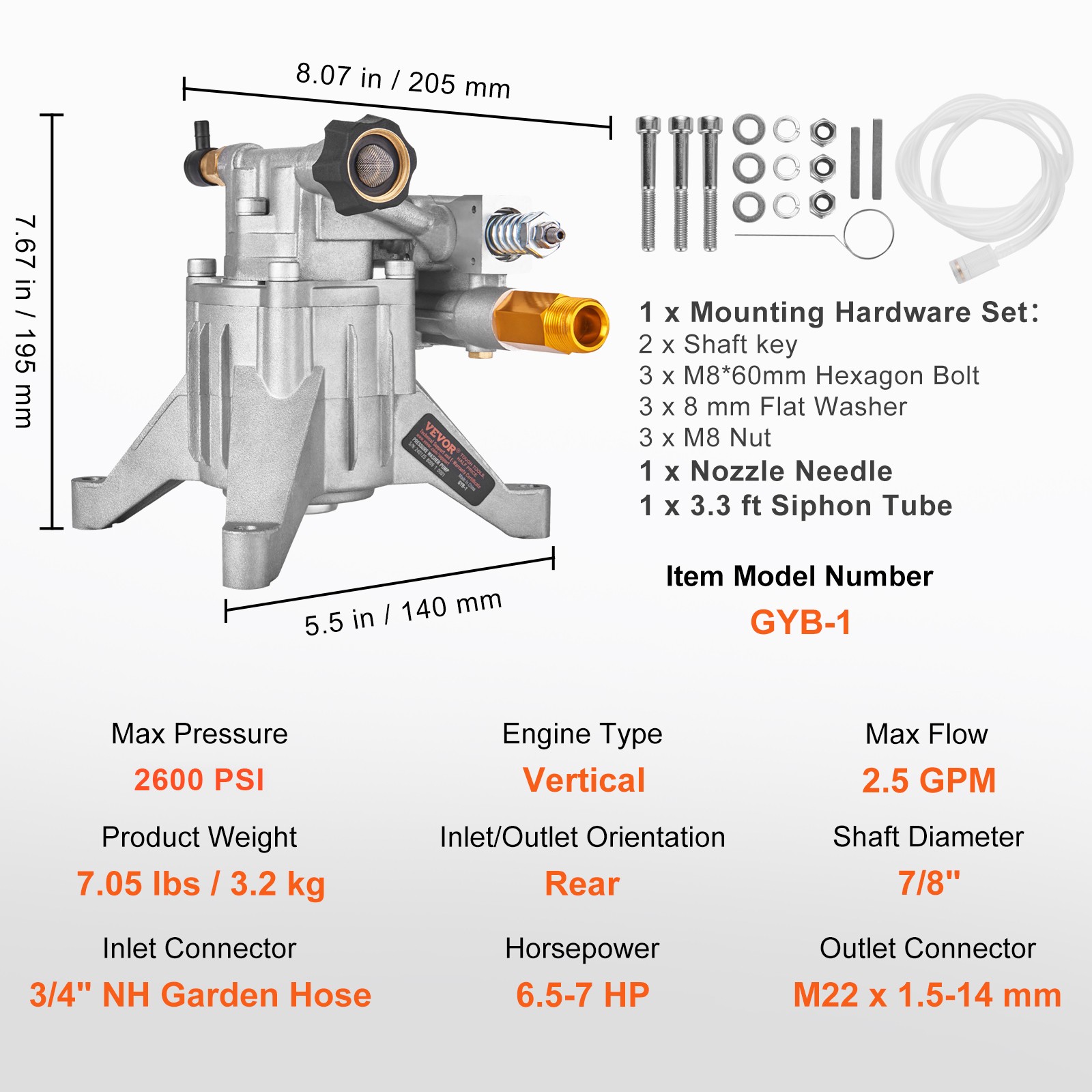 Pressure Washer Pump Power Washer Pump 7/8″ Shaft Vertical 3400 PSI 2.5GPM