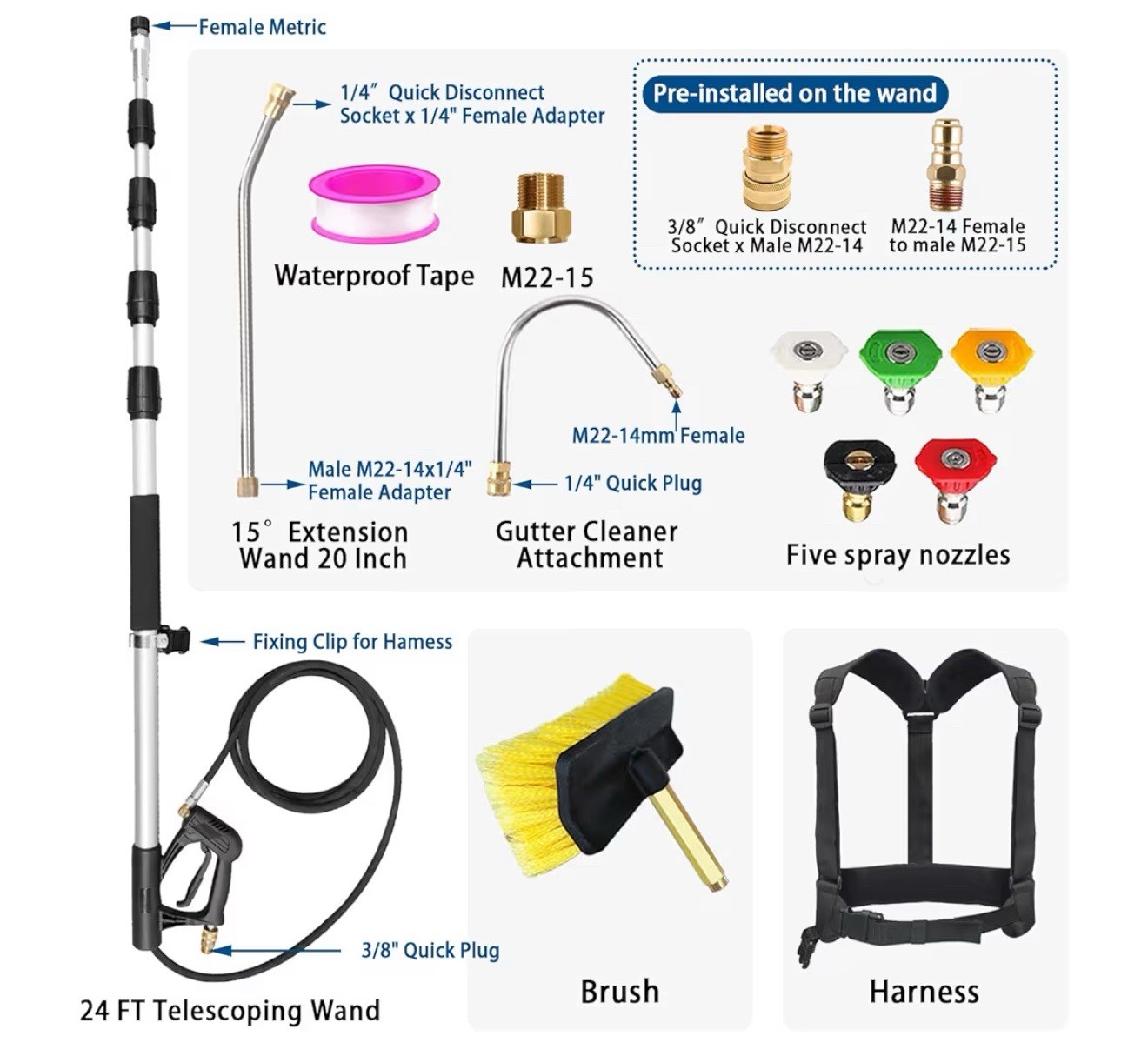 24FT Telescoping Pressure Washer Wand Kit – Extension Pole, Gutter Cleaner, B…