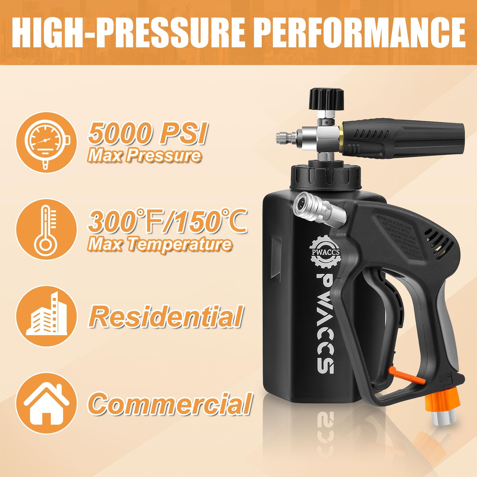 Pressure Washer Gun with Foam Cannon, 1.5 Liter, 5000 PSI