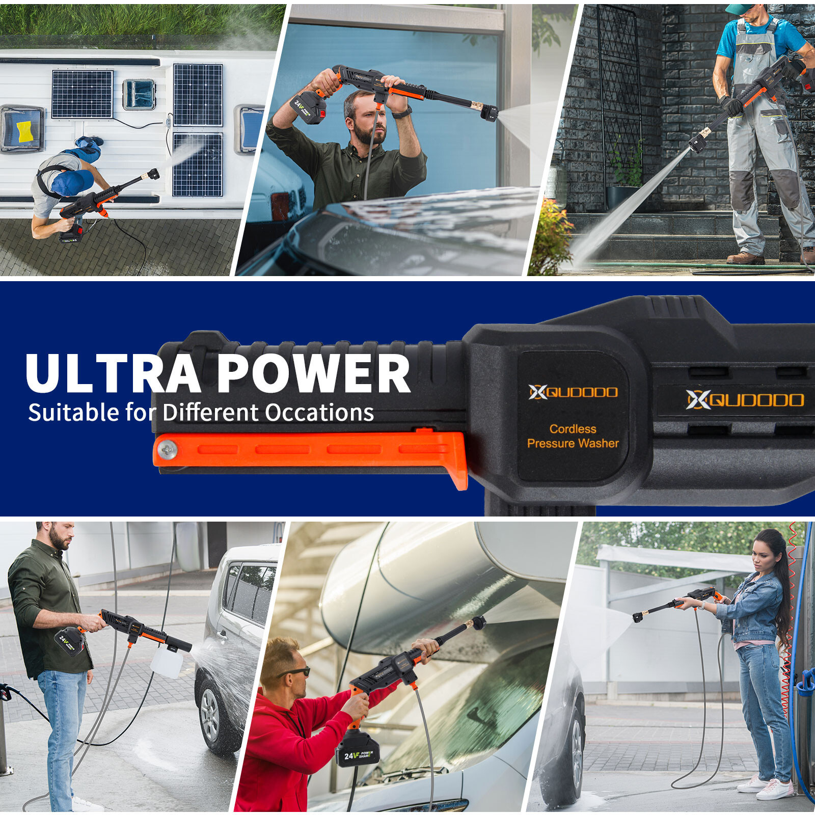 Cordless Pressure Washer Gun 3 Water Supply 2 Batteries 800PSI 6 in 1 Nozzle