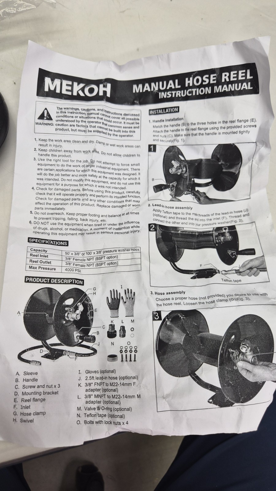 MEKOH Pressure Washer Hose Reel 50ftx3/8”/65ftx1/4”, 4000PSI Pls Read Descript