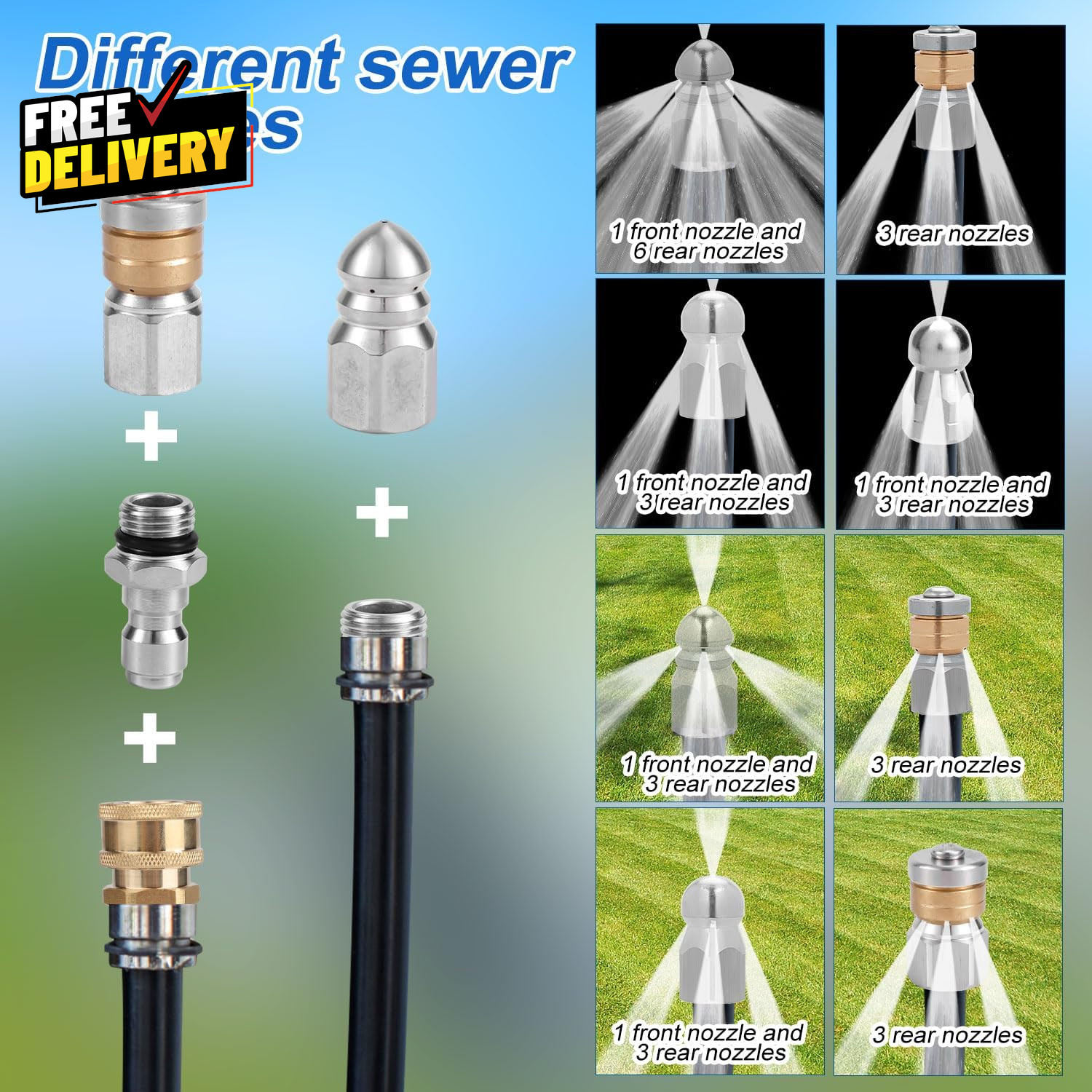 10Pcs Sewer Jetter Nozzle Kit – Stainless Steel 1/4 & 3/8″ NPT Quick Connect…