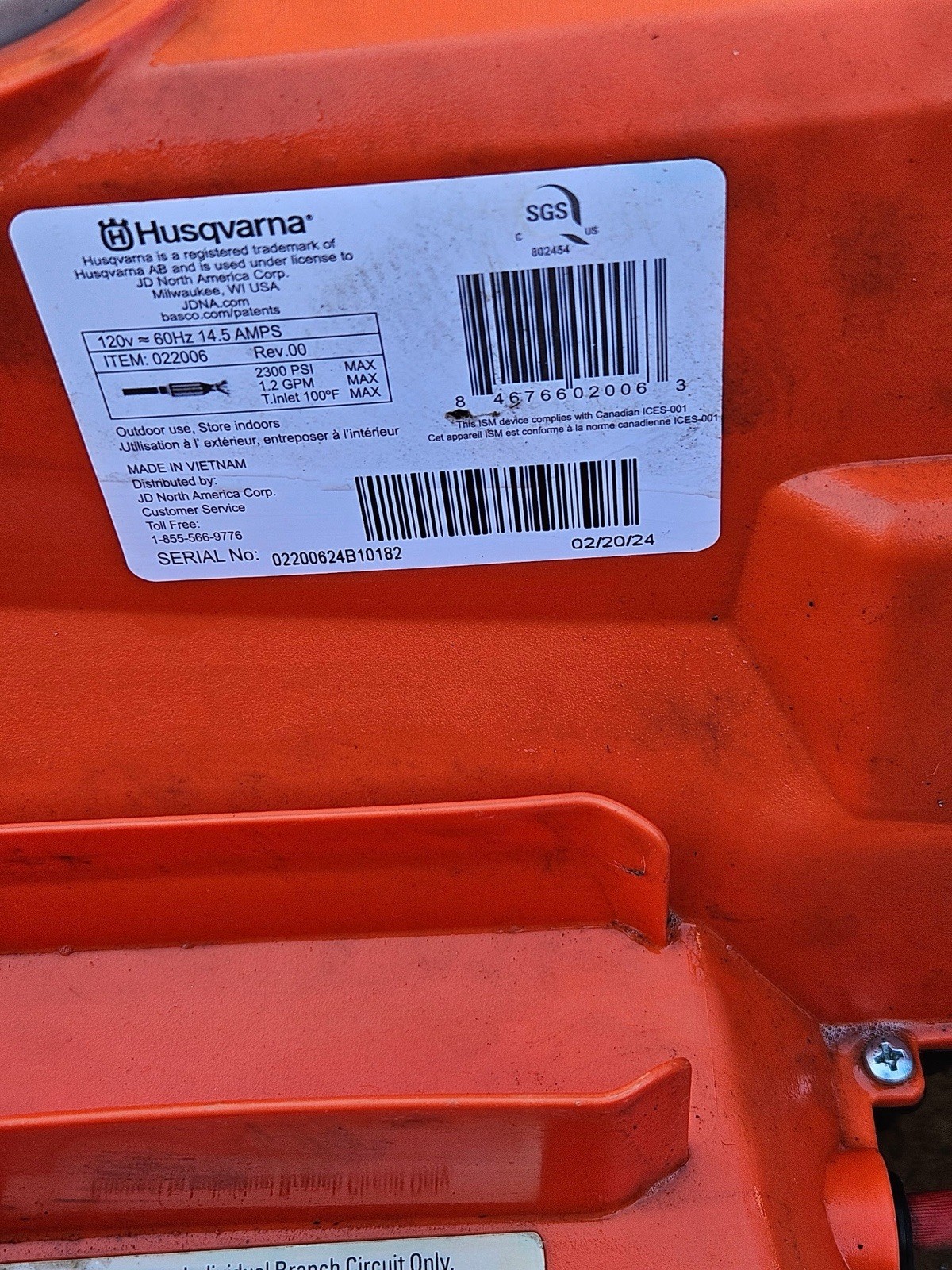 Husqvarna PW2300 Electric Pressure Washer 120v 14.5amp 2300 psi 1.2 GPS Local PU