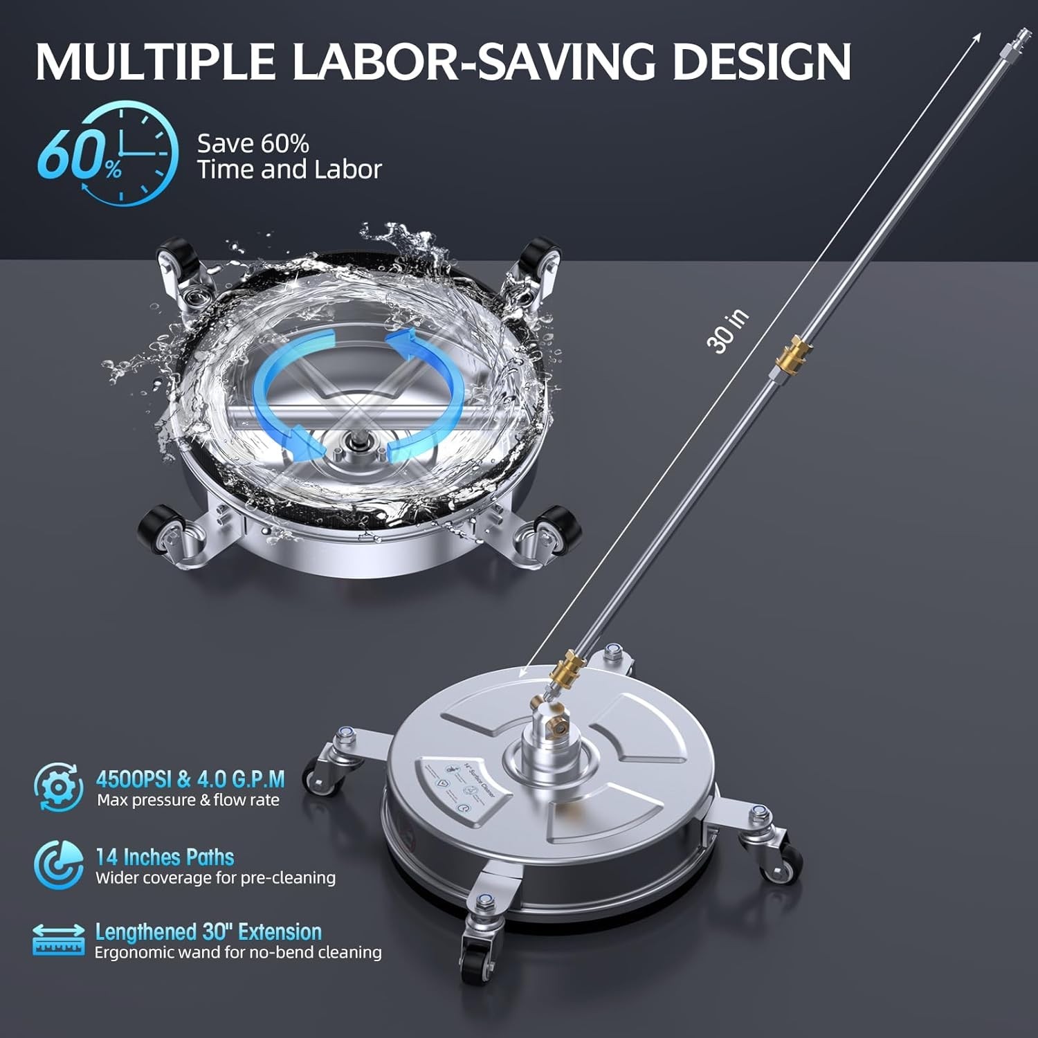 Washer Surface Cleaner 4500 PSI with 304 Industrial-grade Stainless Steel Housin