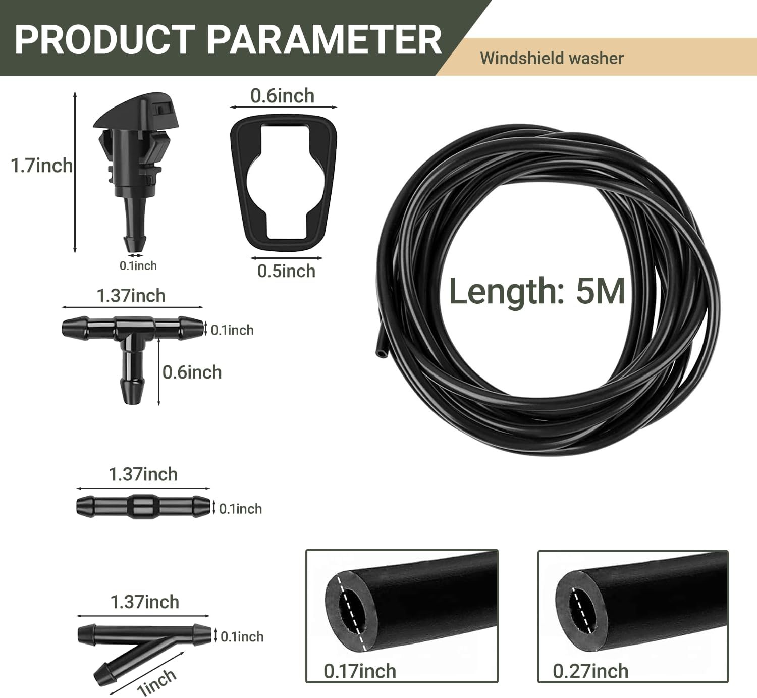 Windshield Washer Hose Kit, 5M Washer Fluid Hose with 12 Pcs Connectors, 2 Fan N
