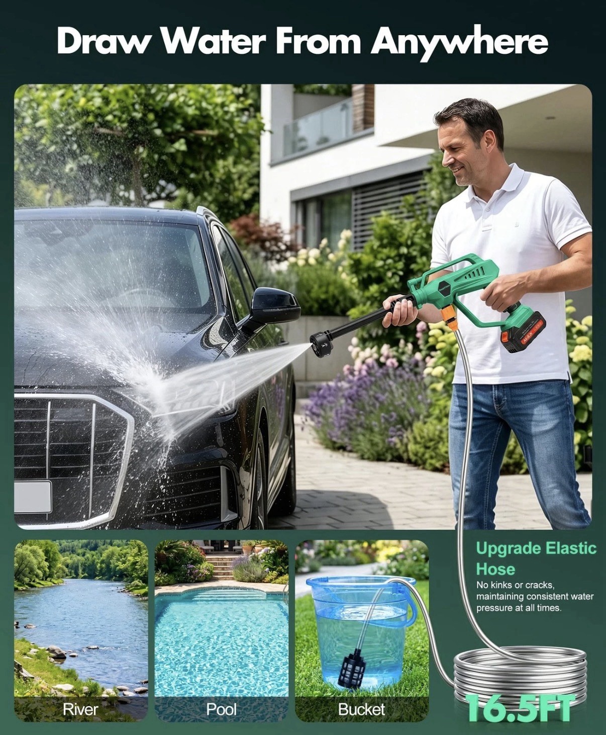 Cordless Car Washer & More Cleaning Gun w 6-n-1 Nozzle & Rechargeable Battery