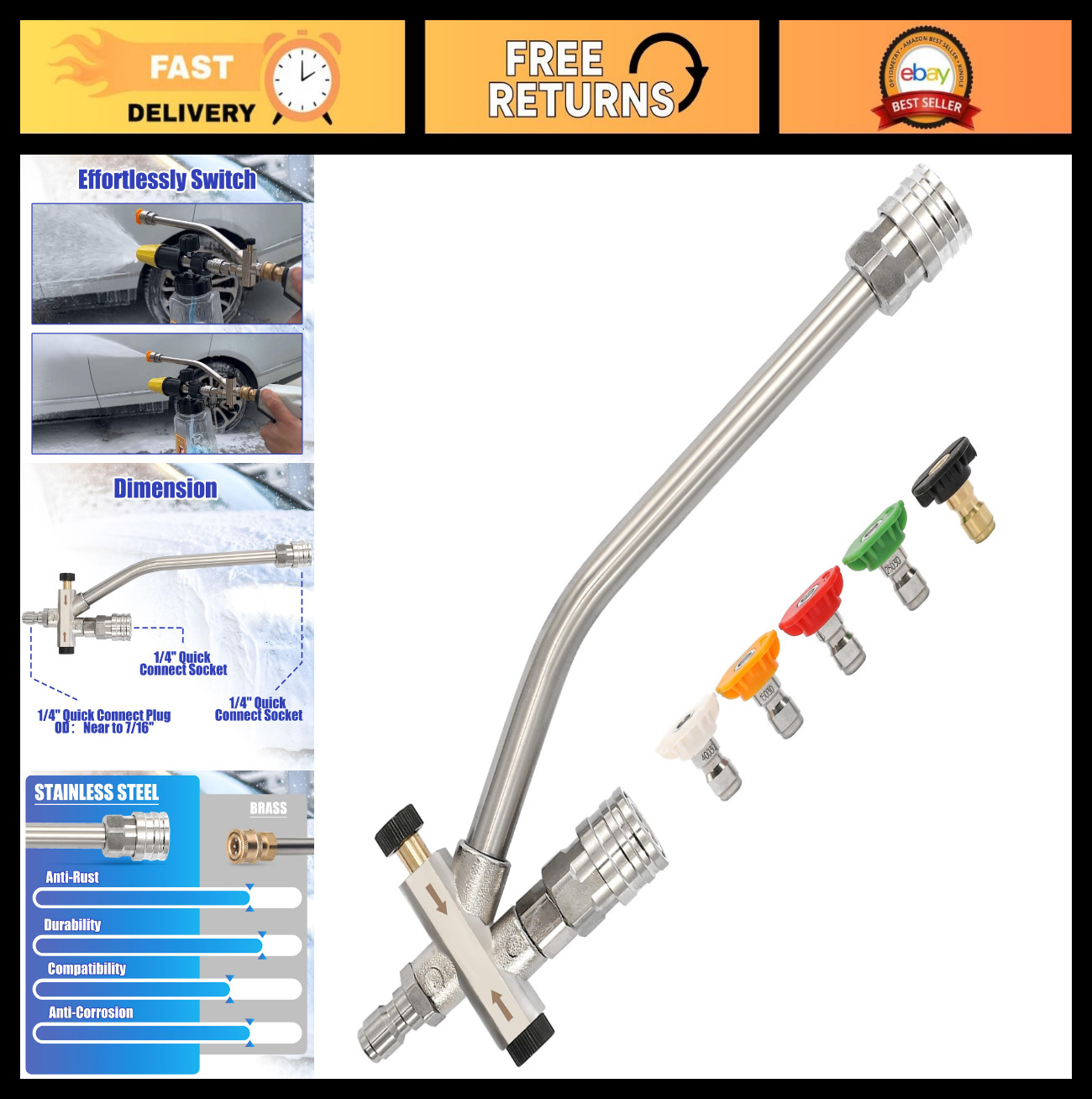 Foam Cannon Dual-Connector for Pressure Washer, Double Tip Attachment & 5 Nozzle