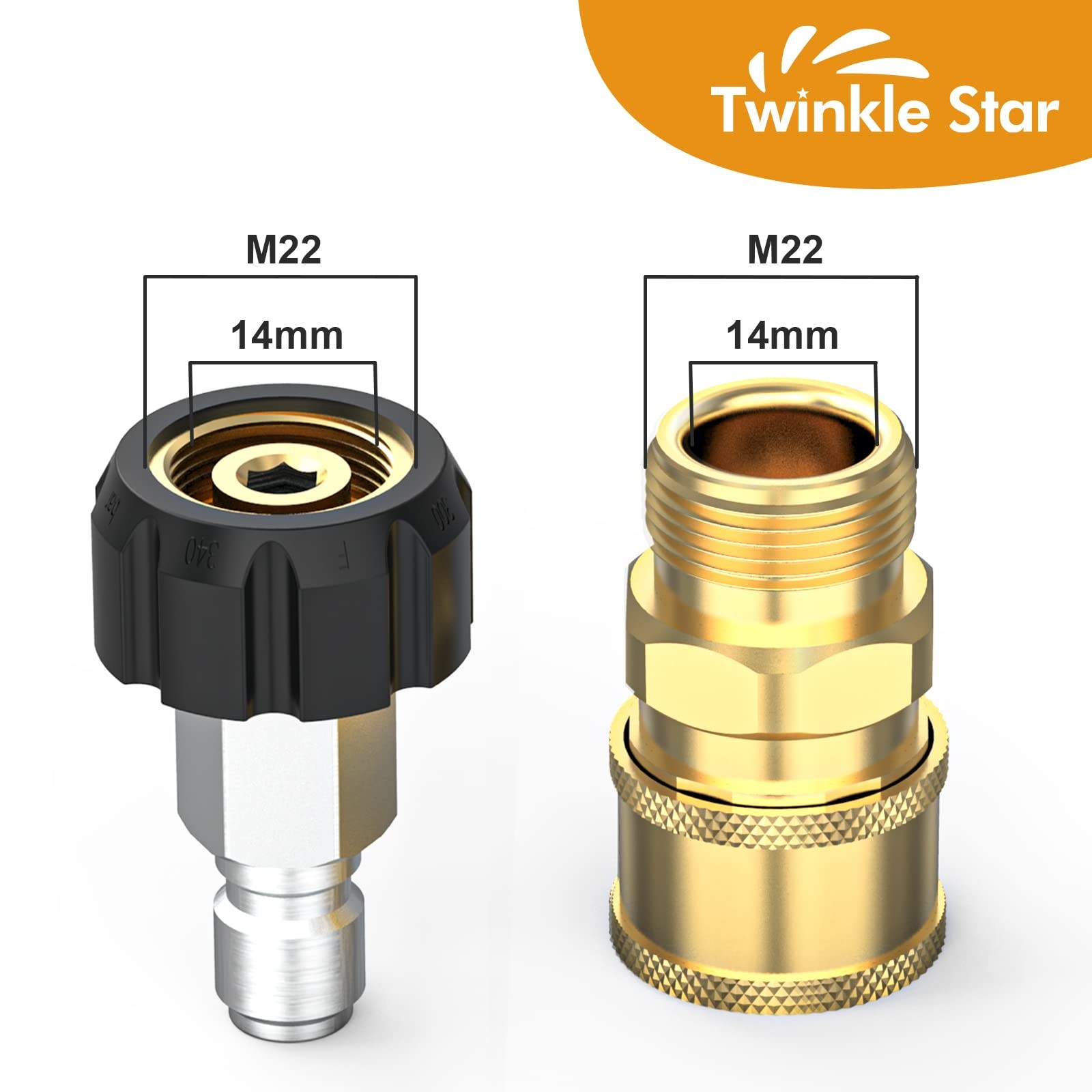 Pressure Washer Quick Connect Fittings M22 14mm To 3/8 Inch Brass 4pc Kit