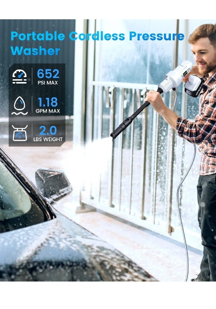 Cordless Pressure Washer 21V Rechargeable Battery 652PSI 3 Speed 1.18 GPM Aihand
