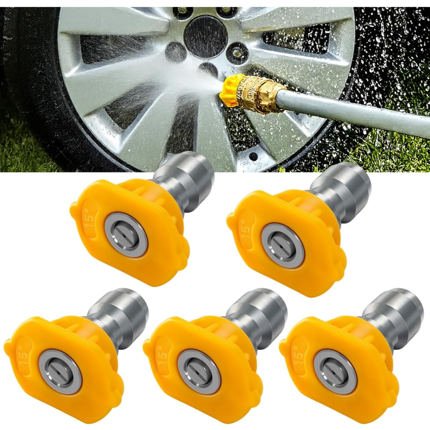Pressure Washer Nozzle Tip 1/4″ 15 Degree Yellow Stainless Steel Pack of 5