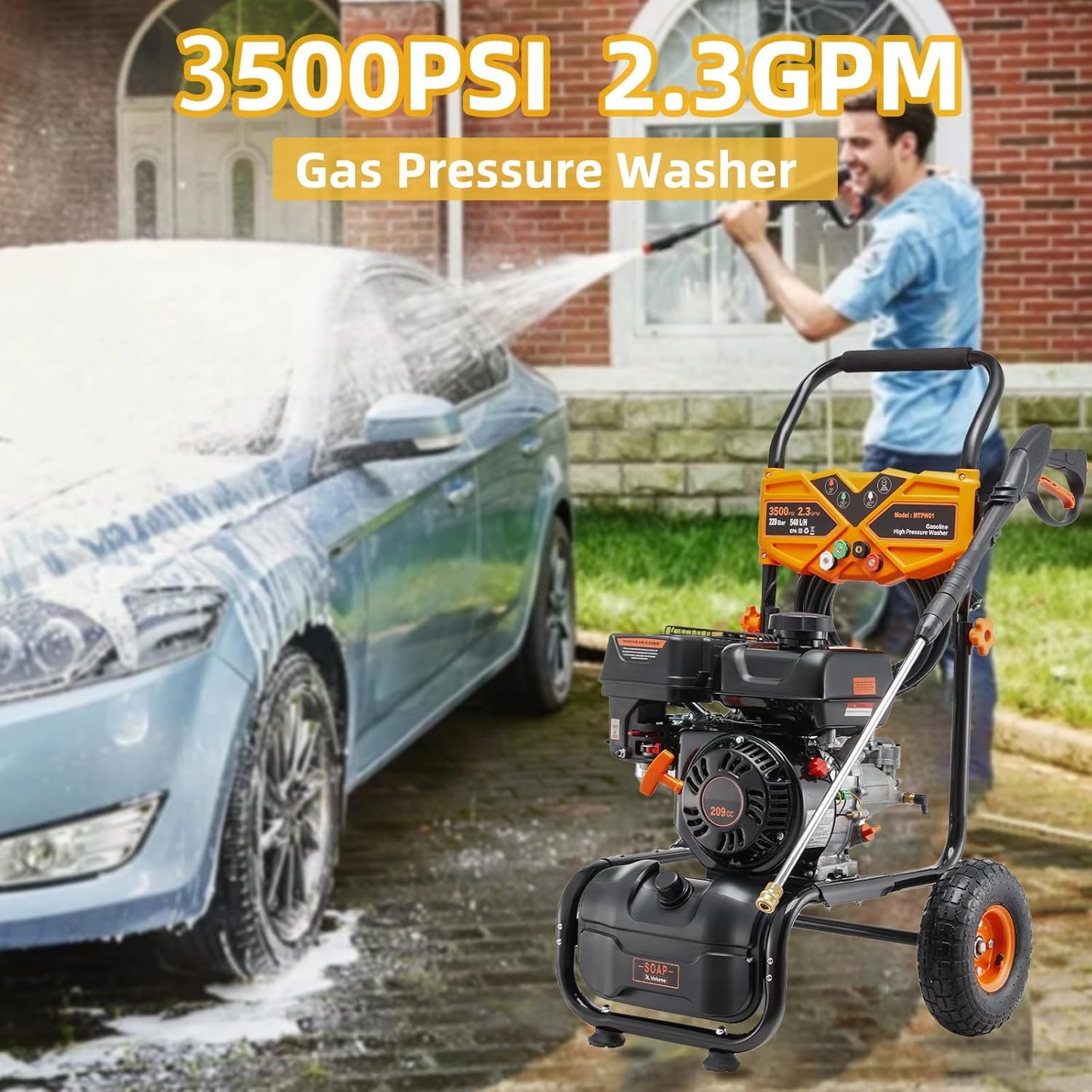 3500 PSI 2.3 GPM Gas Pressure Washer w/Soap Tank High Pressure Washer 4 Nozzles