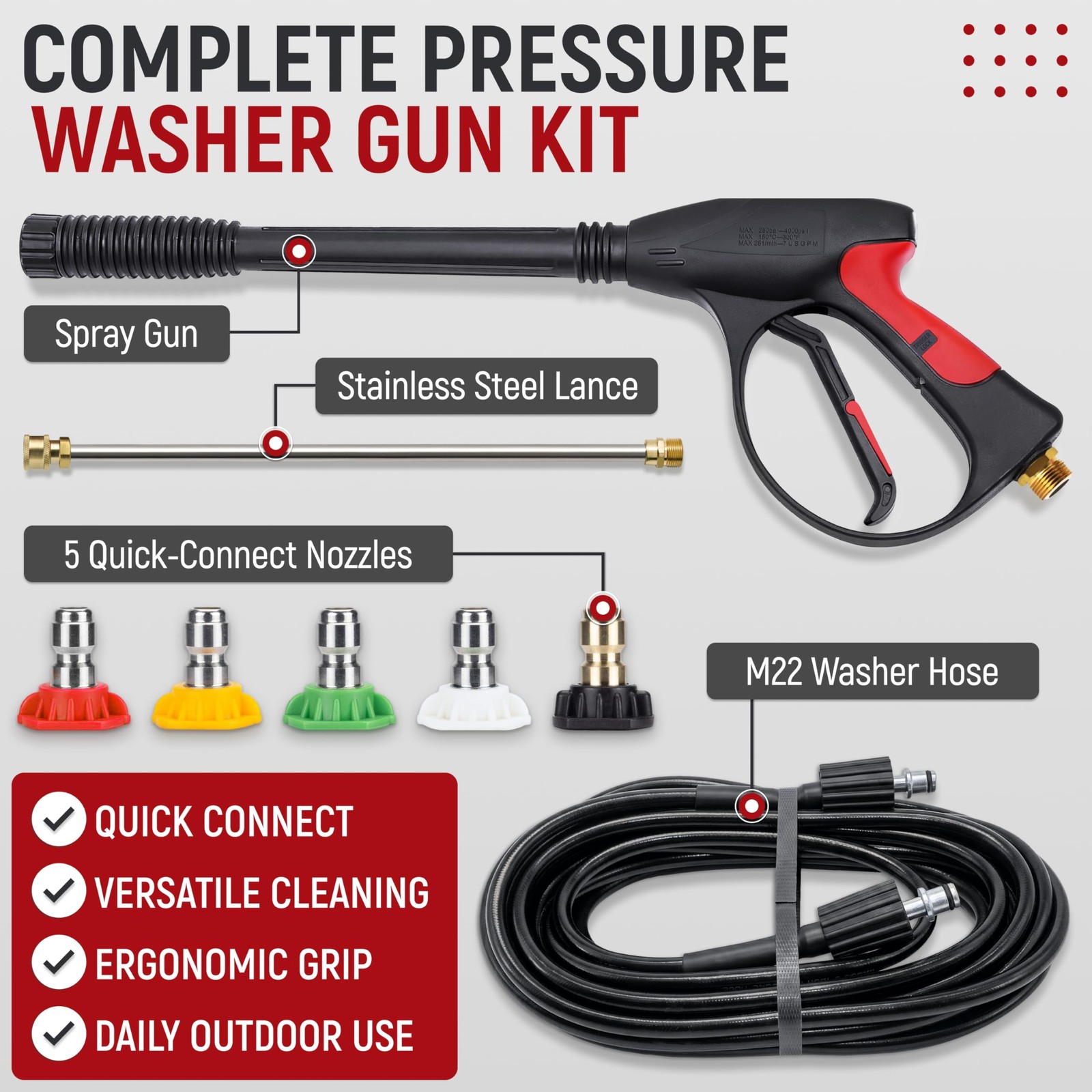 Best Pressure Washer Gun, 3000 PSI Max Power Wand with 26.2 ft Hose, M22-14 mm