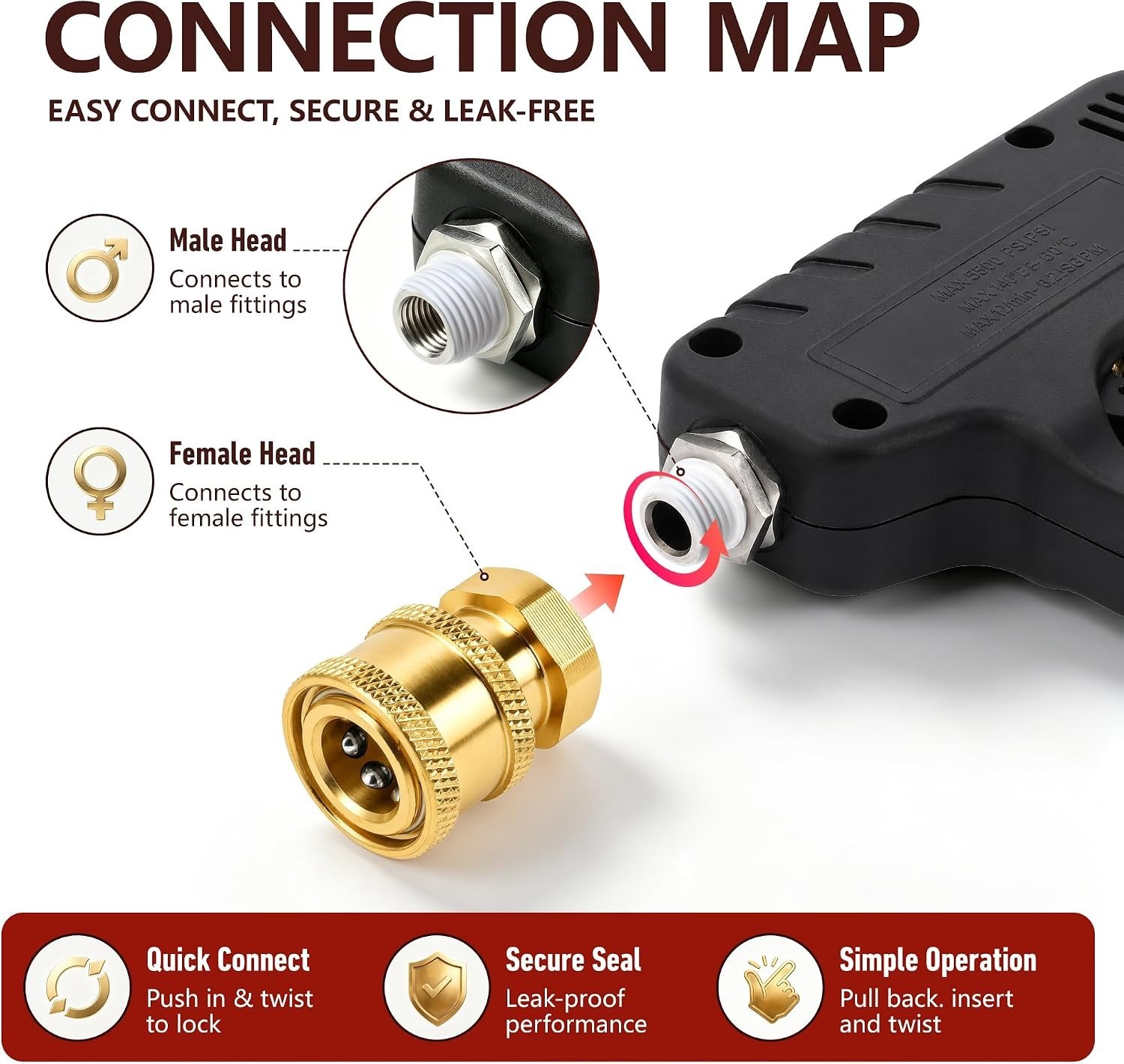 Pressure Washer Fittings 3 Pack Brass 1/4 Inch Quick Connect Coupler to Femal…