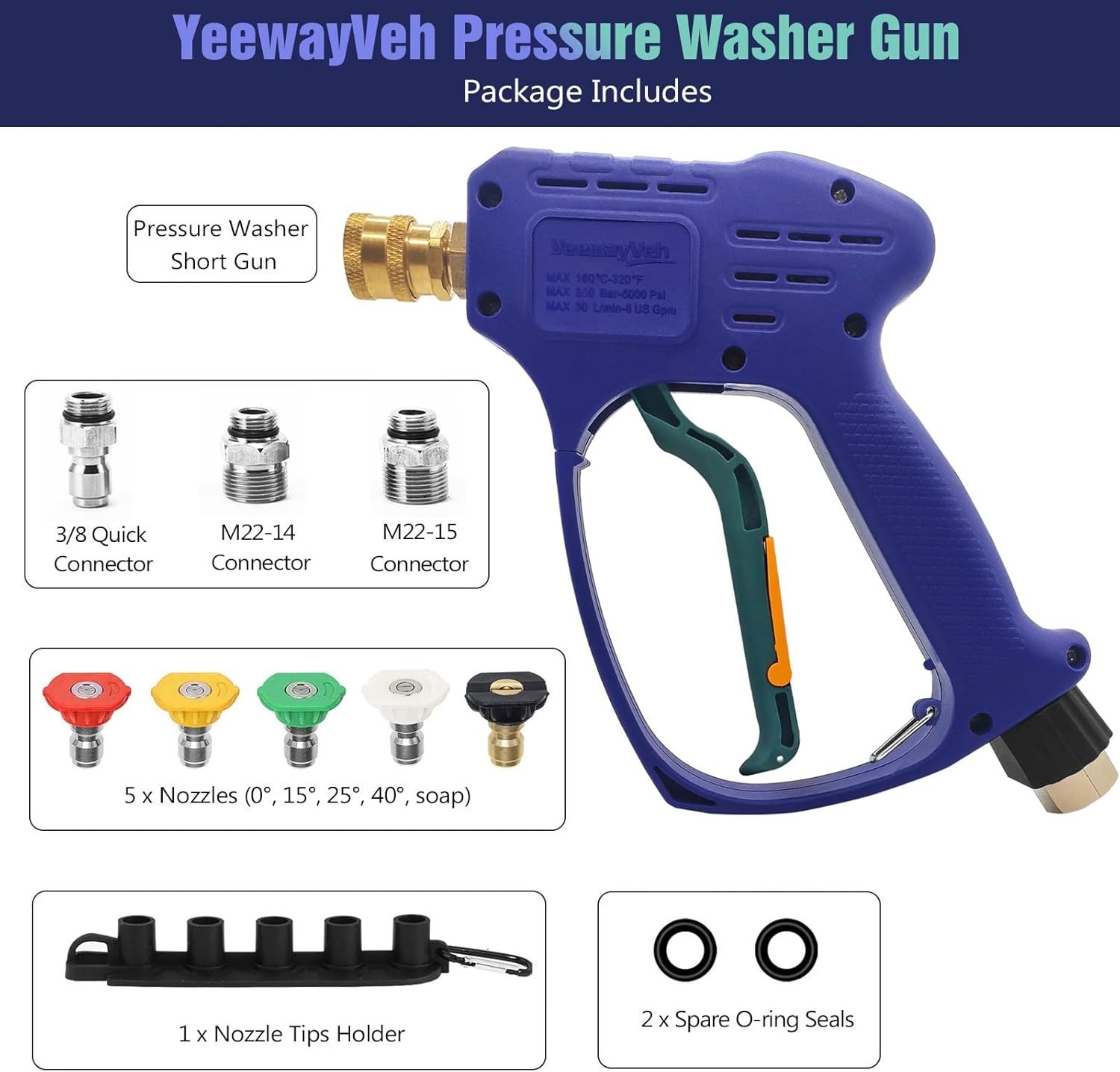 High Pressure Washer Gun with Swivel 3/8″ Quick Connect and M22 14mm / 15mm Fitt