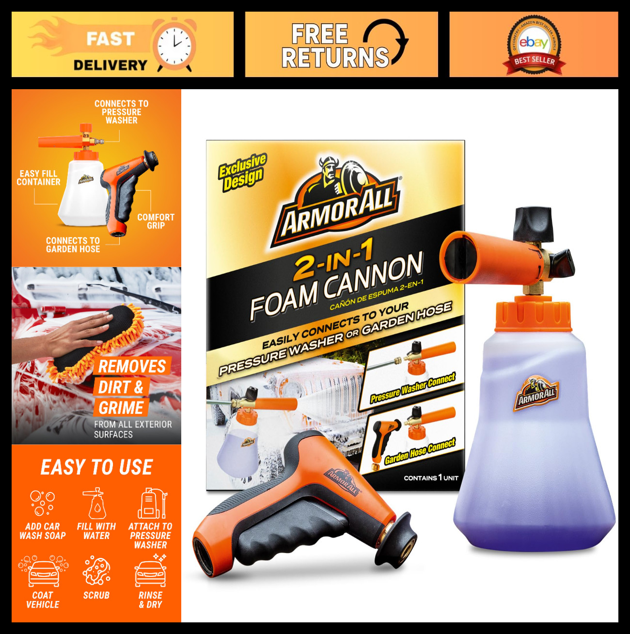 2-in-1 Foam Cannon Kit for Garden Hoses & Power Washers | 3-Piece Car Wash Set,