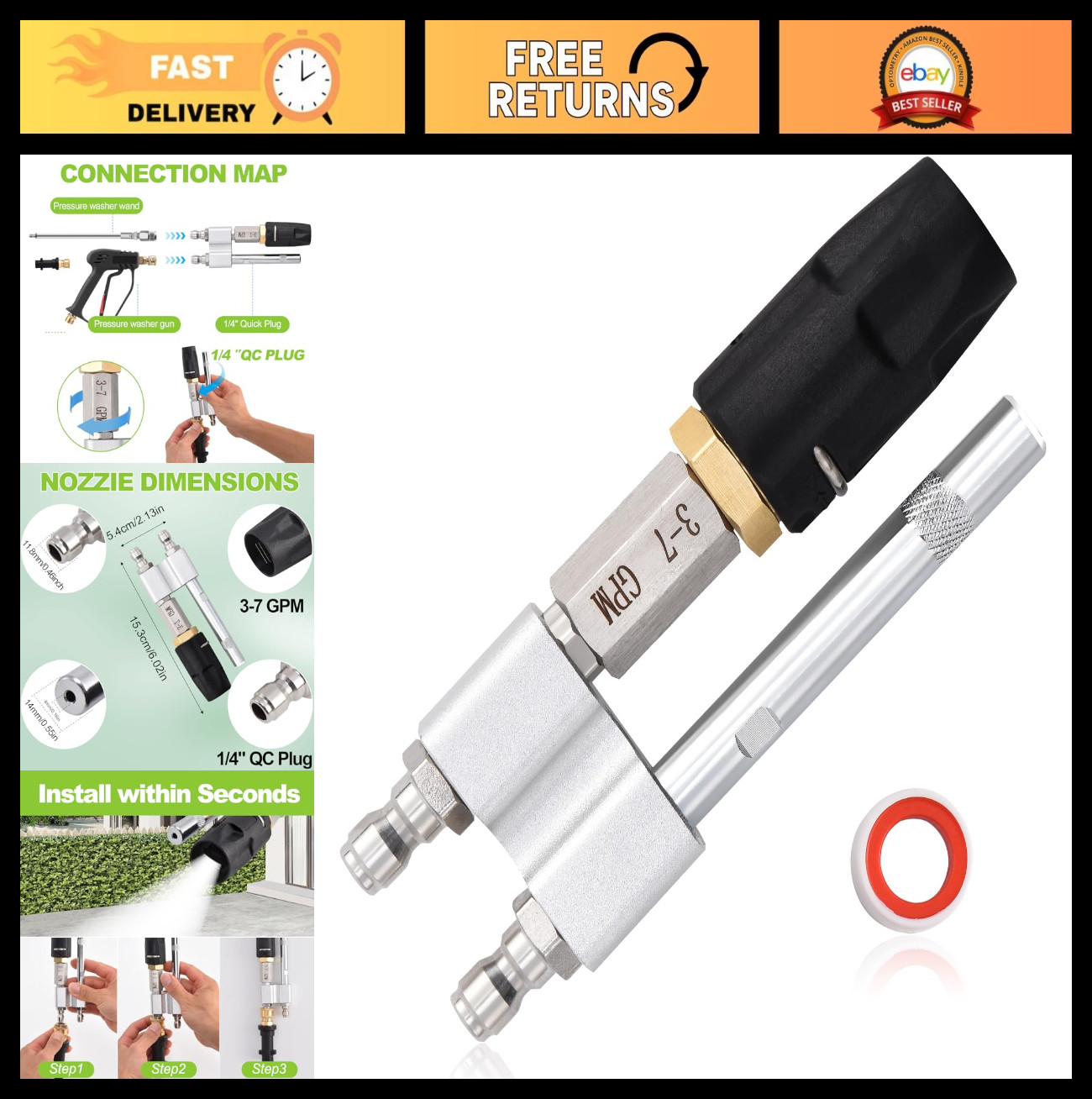 2-in-1 Soft Wash Nozzle, M5 Twist Shooter Tips, 0-60° Adjustable Spray, 1700-600