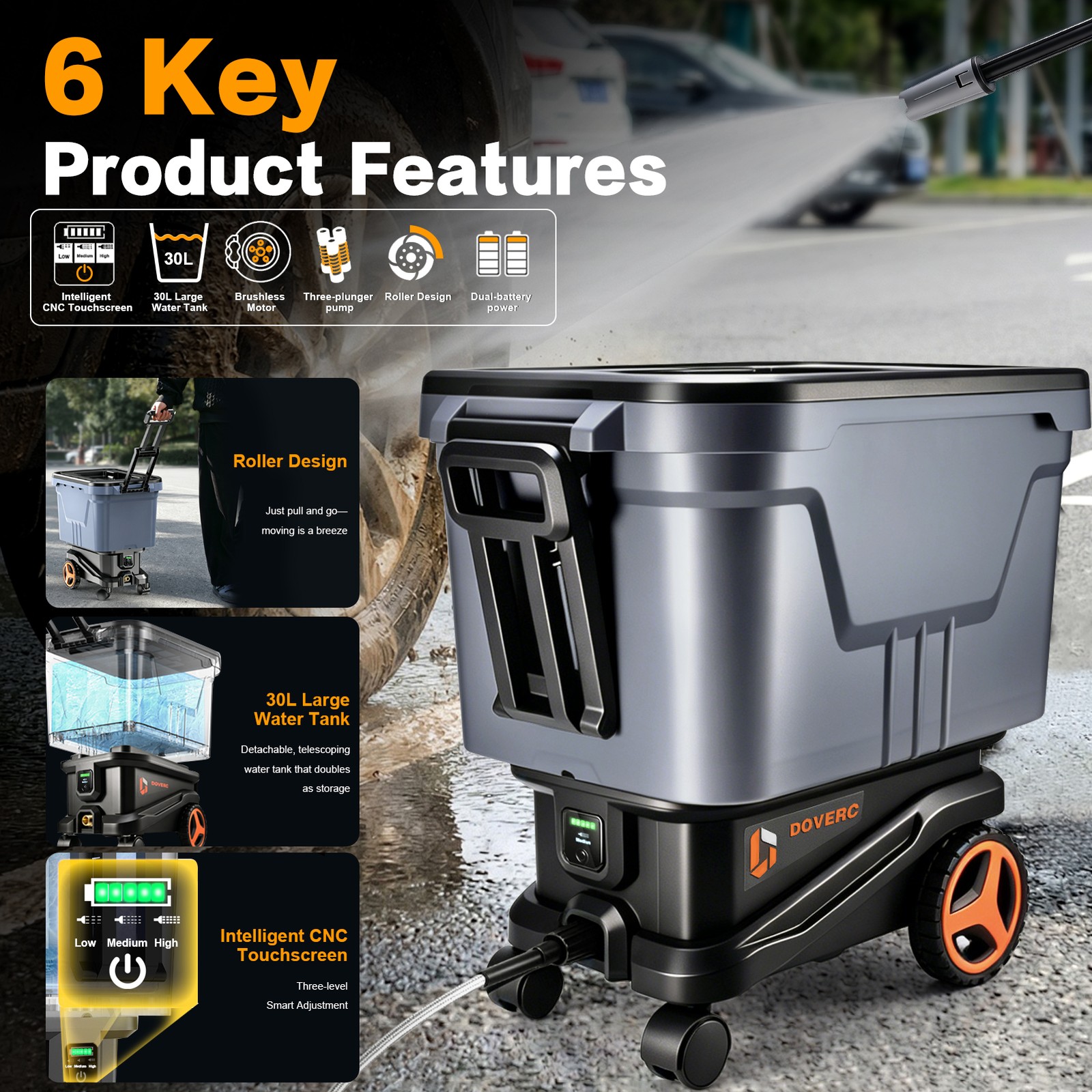 DOVERC Portable Cordless Pressure Car Washer 2000 PSI 3-Modes Power Outdoor