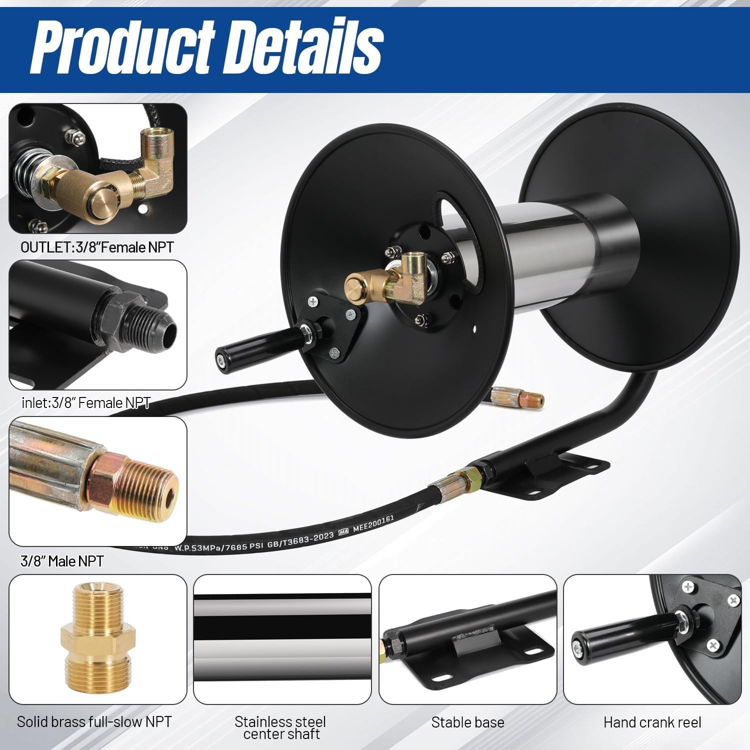 4000 PSI 100FT 3/8″ NPT Heavy-Duty Steel Pressure Washer Hose Reel