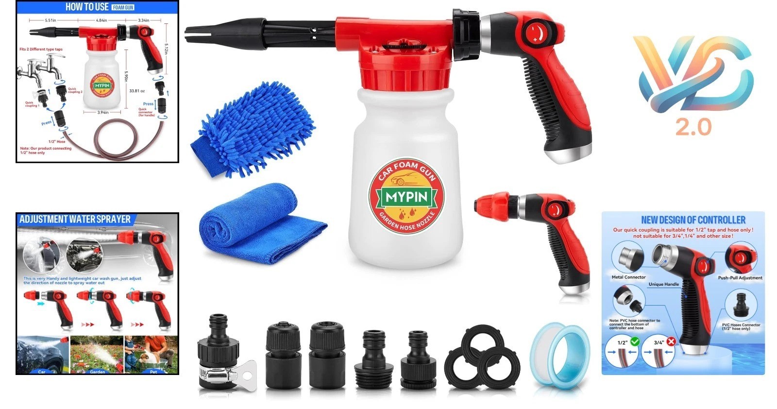 16 in 1 Car Wash Foam Gun Hose Sprayer Adjustable 2.5-6 Bar Nozzles