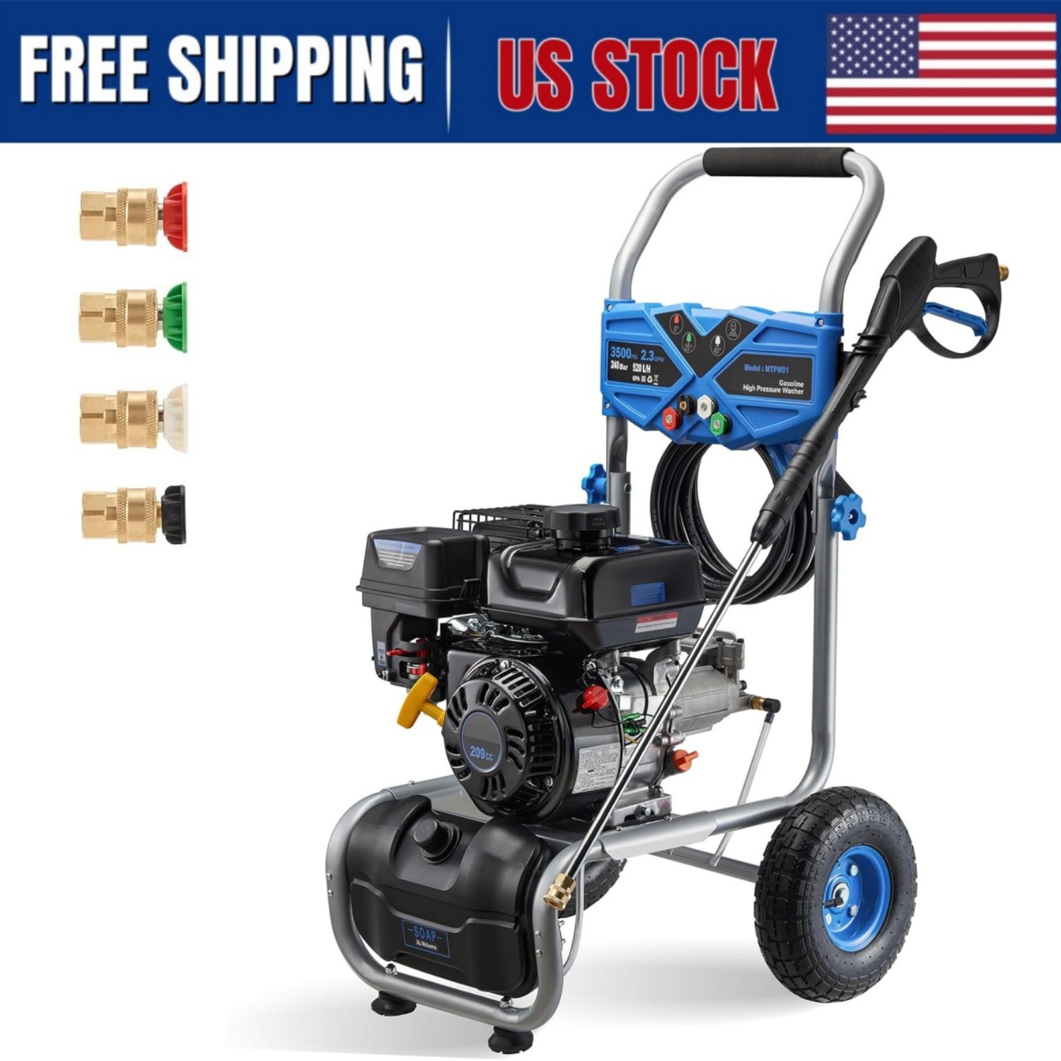 Gas Pressure Washer 3500 PSI 2.3GPM High Pressure Washers with Soap Tank