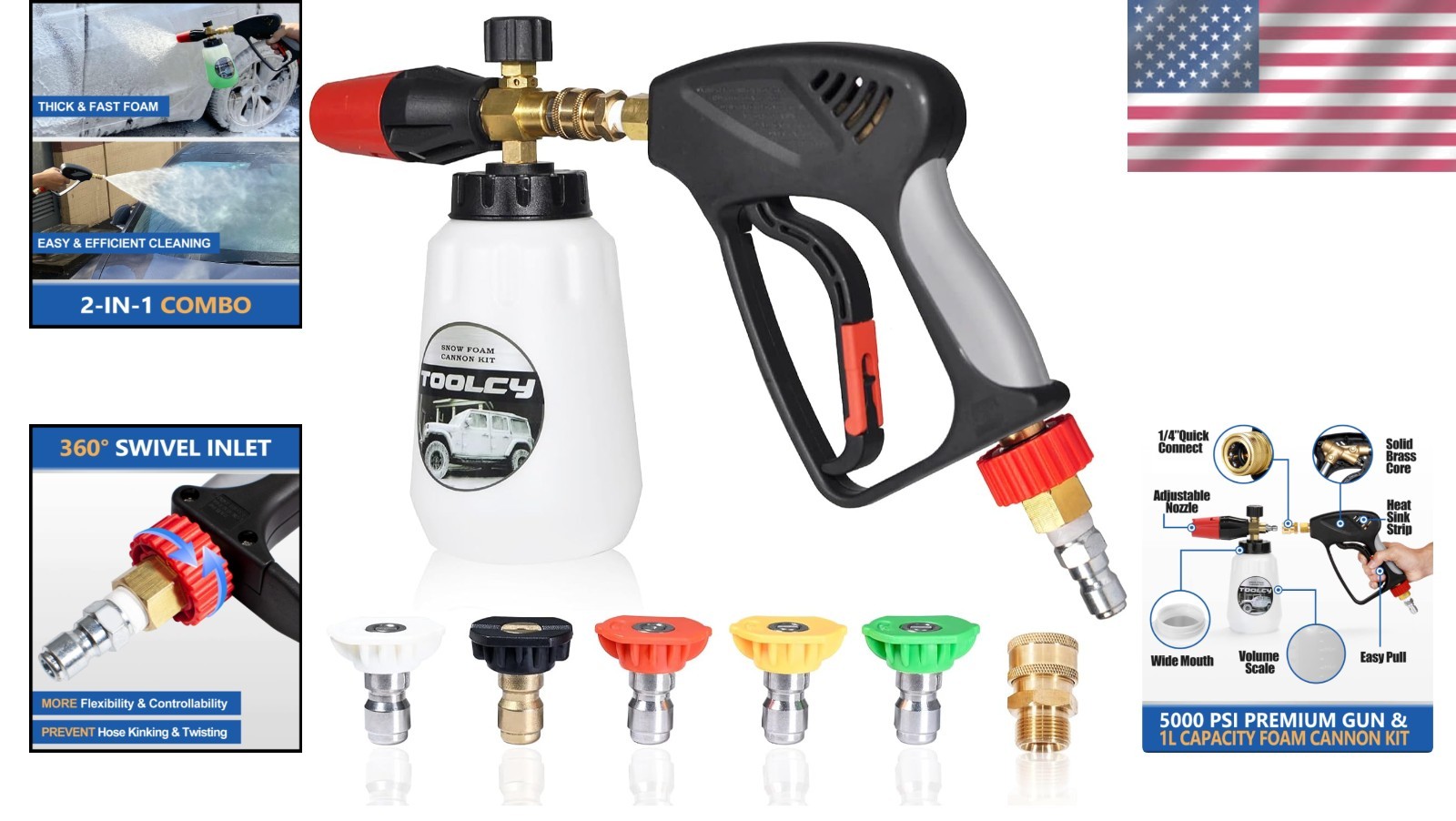 Pressure Washer Foam Cannon Kit 5000 PSI Industrial Grade Gun 5 Nozzles
