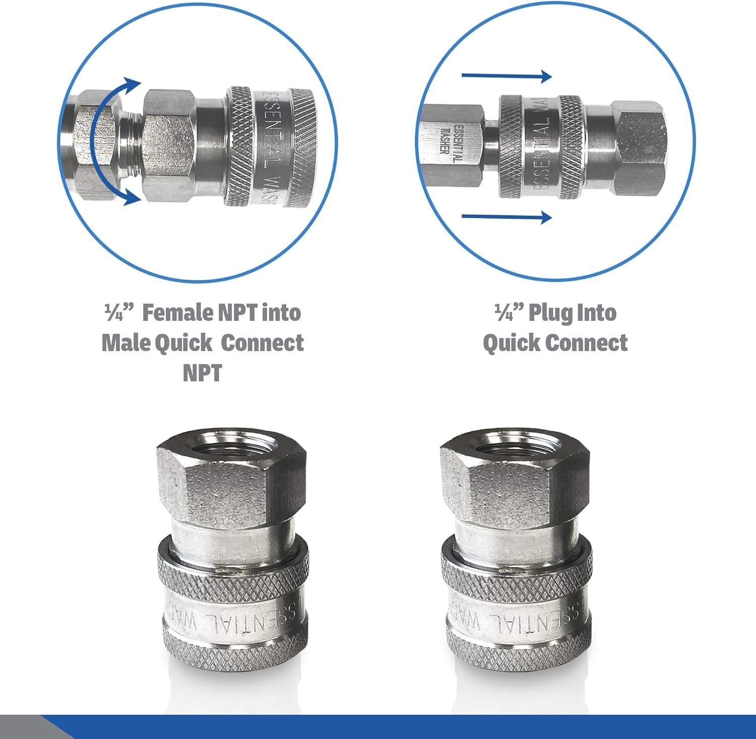 Twin Stainless Steel Quick Connect 1/4” Fittings, 5000 PSI for Pressure Washers