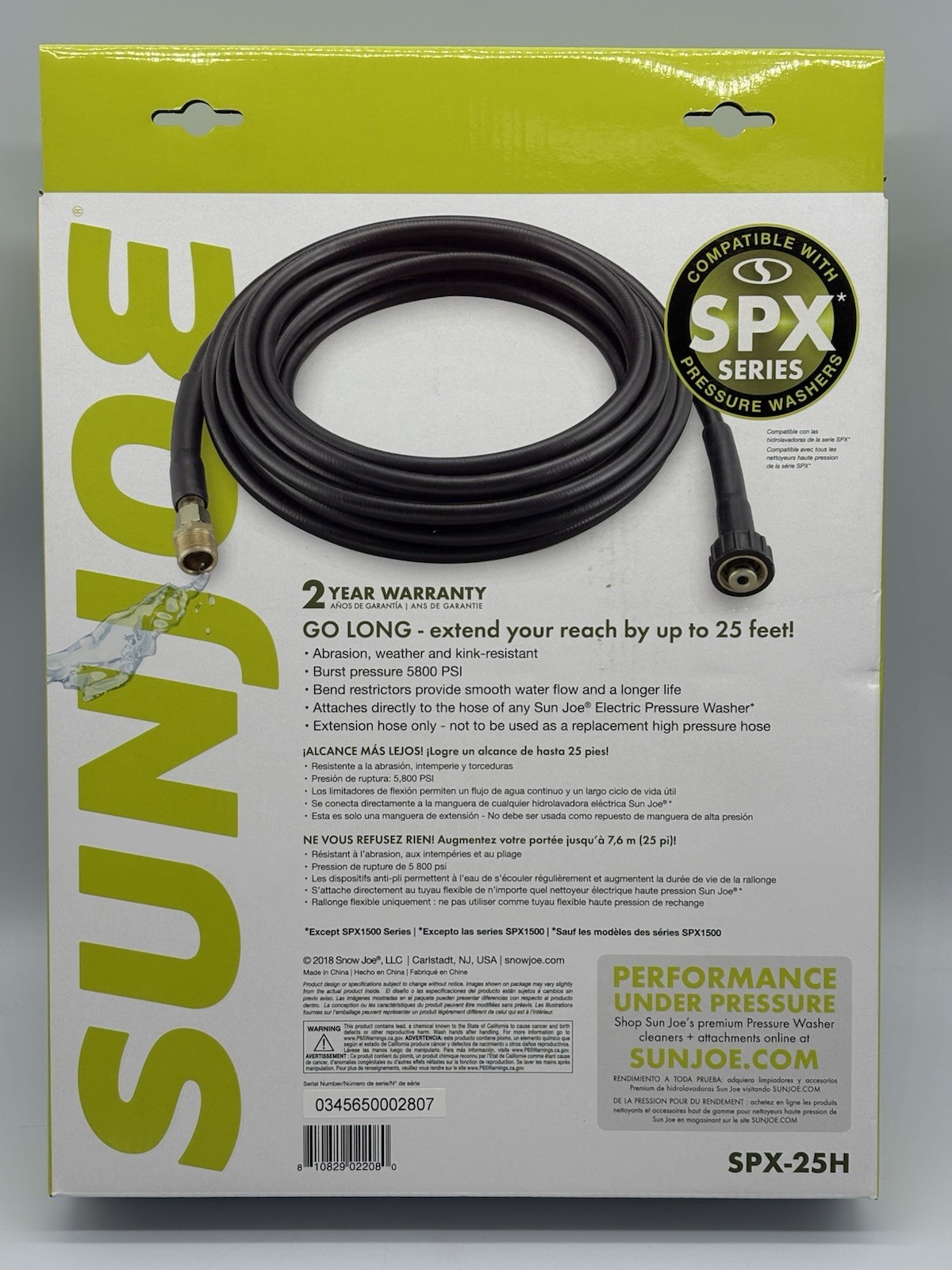 SPX-25H Sun Joe 25-FT Medium Duty Pressure Washer EXTENSION HOSE for SPX Series