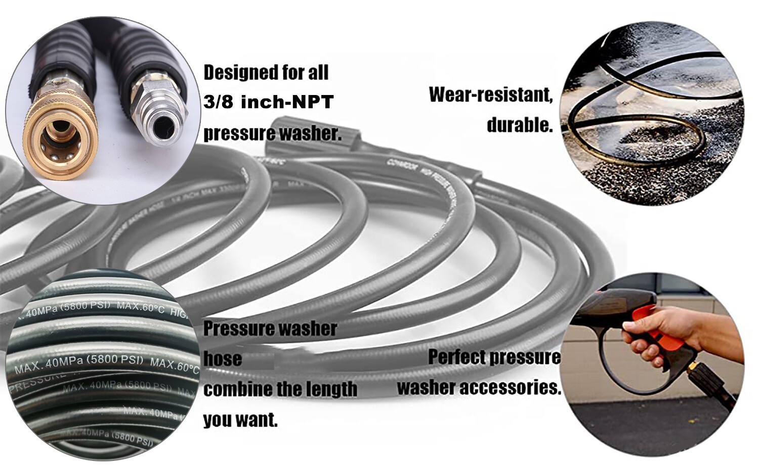 25ft Replacement/Extension Hose w/ 3/8 In QC Connection 5800PSI Pressure Washer