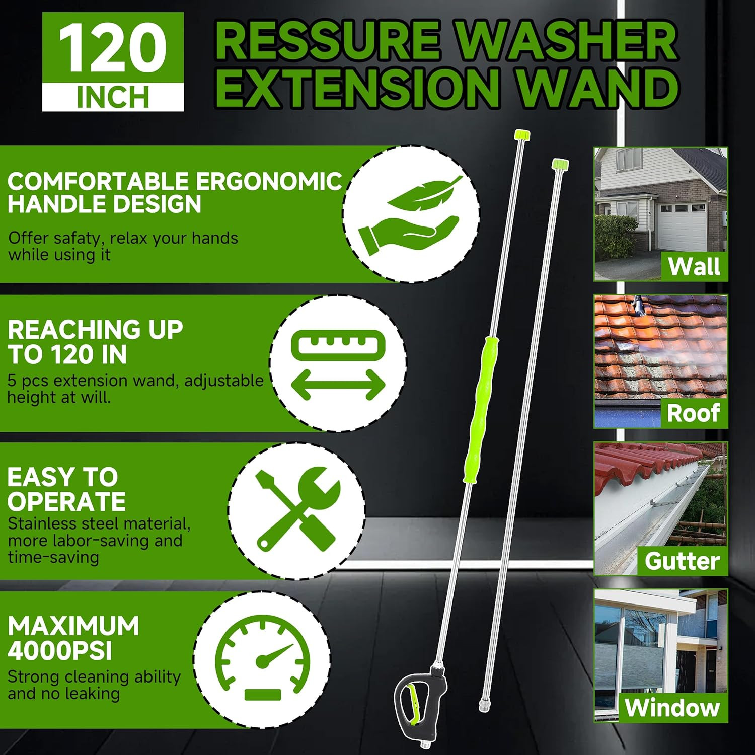 Pressure Washer Extension Wand 120 Inch, Stainless Steel Replacement Power Washe