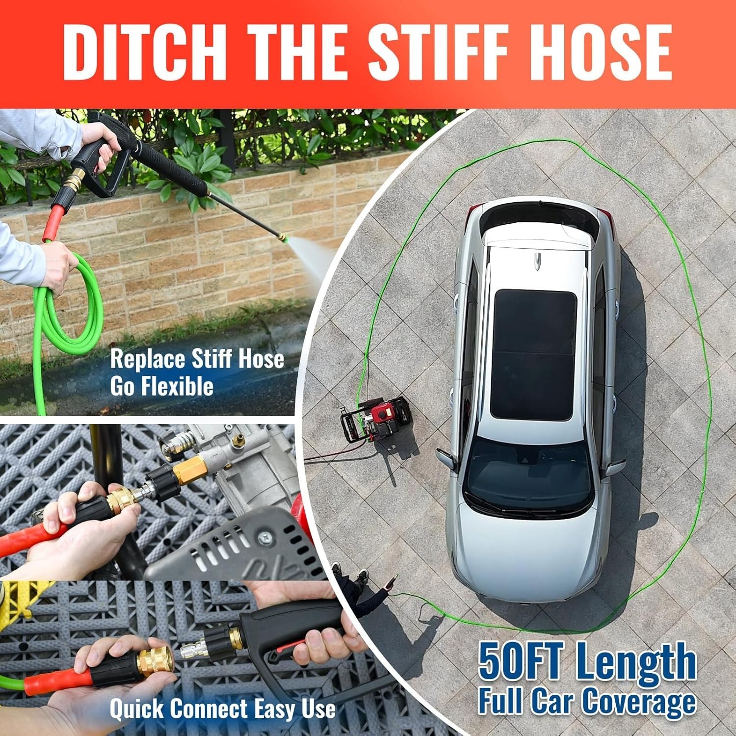 Professional 50FT Pressure Washer Hose, Compatible with Most Power Washers