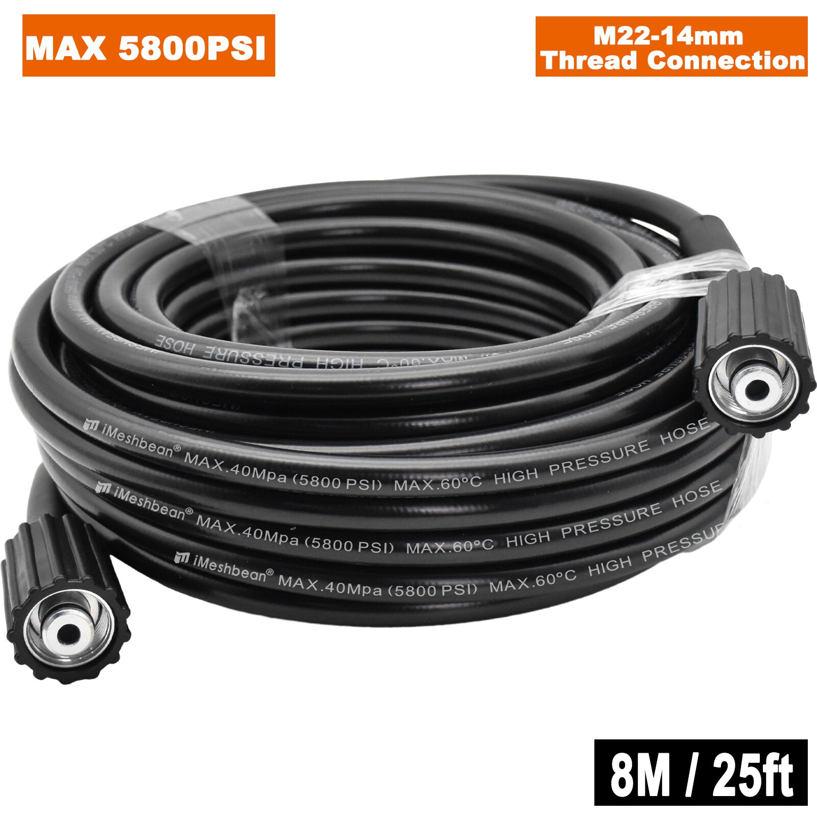 High Pressure Washer Hose 8m/25ft 5800PSI M22-14mm Power Washer Extension Tube