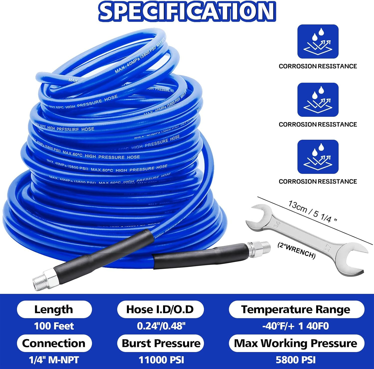 Sewer Jetter Kit 100 FT for Pressure Washer, 5800 PSI Drain Cleaner Hose 1/4 Inc