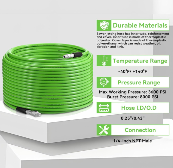 Sewer Jetter Kit for Pressure Washer 100 FT, Drain Cleaner Hose 1/4 Inch NPT,360