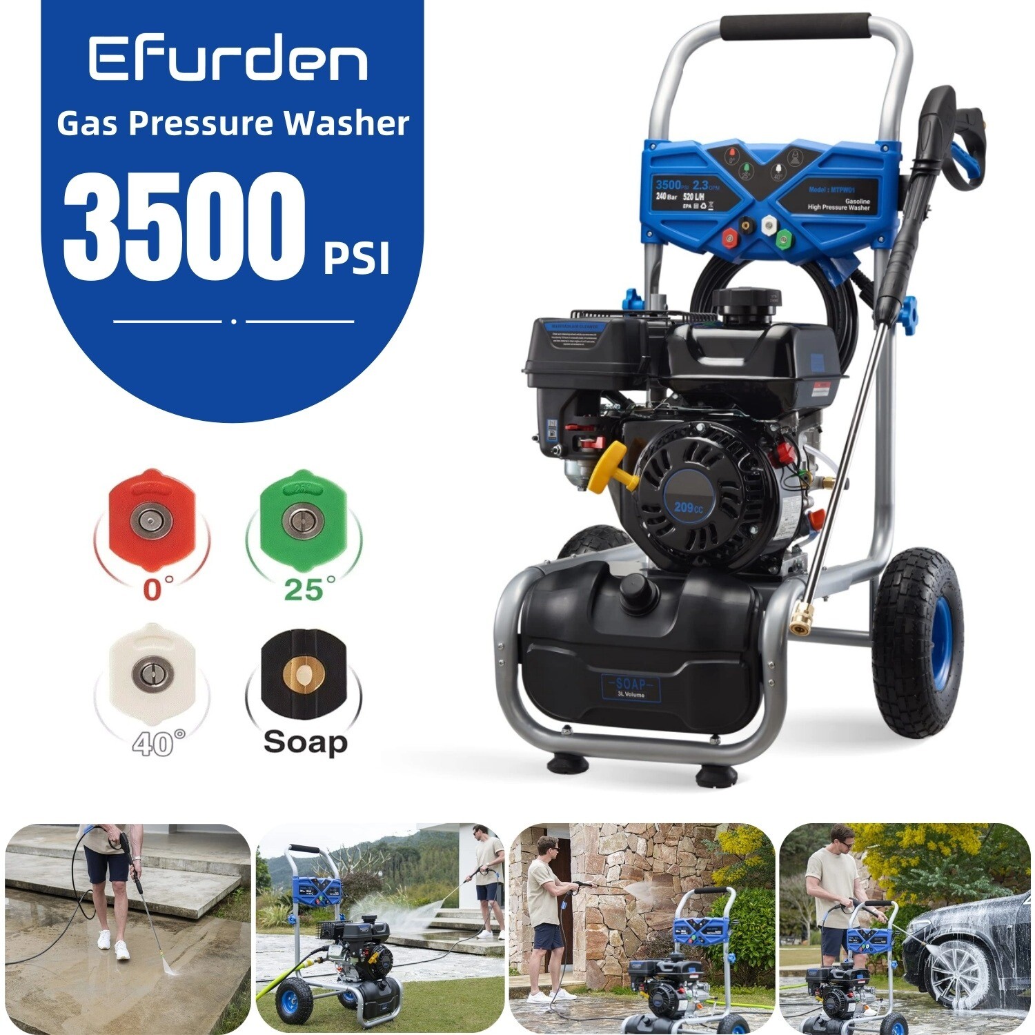 Efurden Gas Pressure Washer 3500PSI 2.3GPM 209cc with Large Soap Tank&4 Nozzles