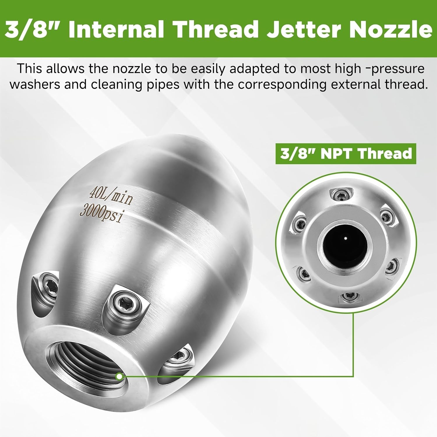 Sewer Jetter Nozzle for Pressure Washer, 3/8″ NPT Internal Thread Strong Shot…