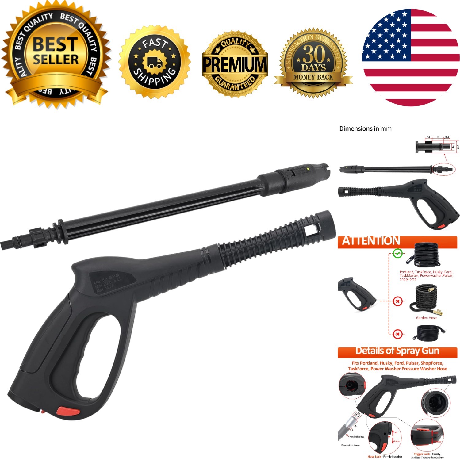 2000 PSI Pressure Washer Compatible Spray Gun Nozzle with Jet Wand, Metal Design