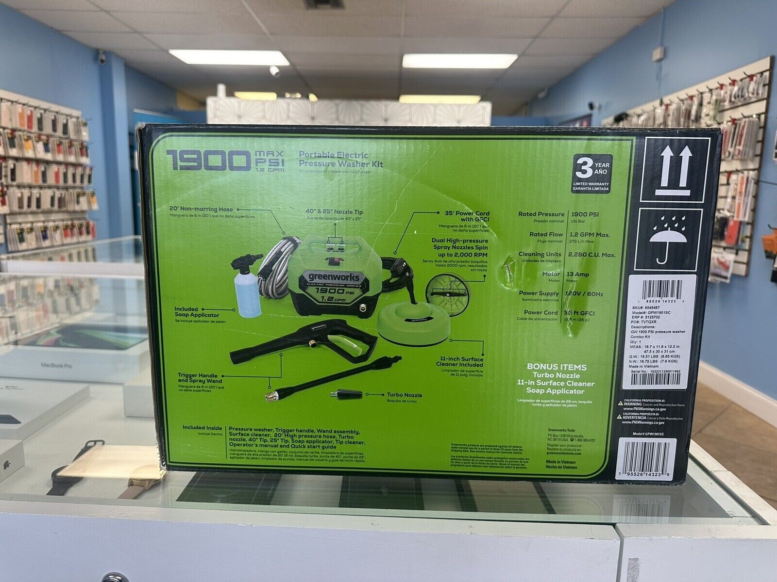 Greenworks 1900 PSI 1.2 GPM Electric Pressure Washer Combo Kit, Green ~ New