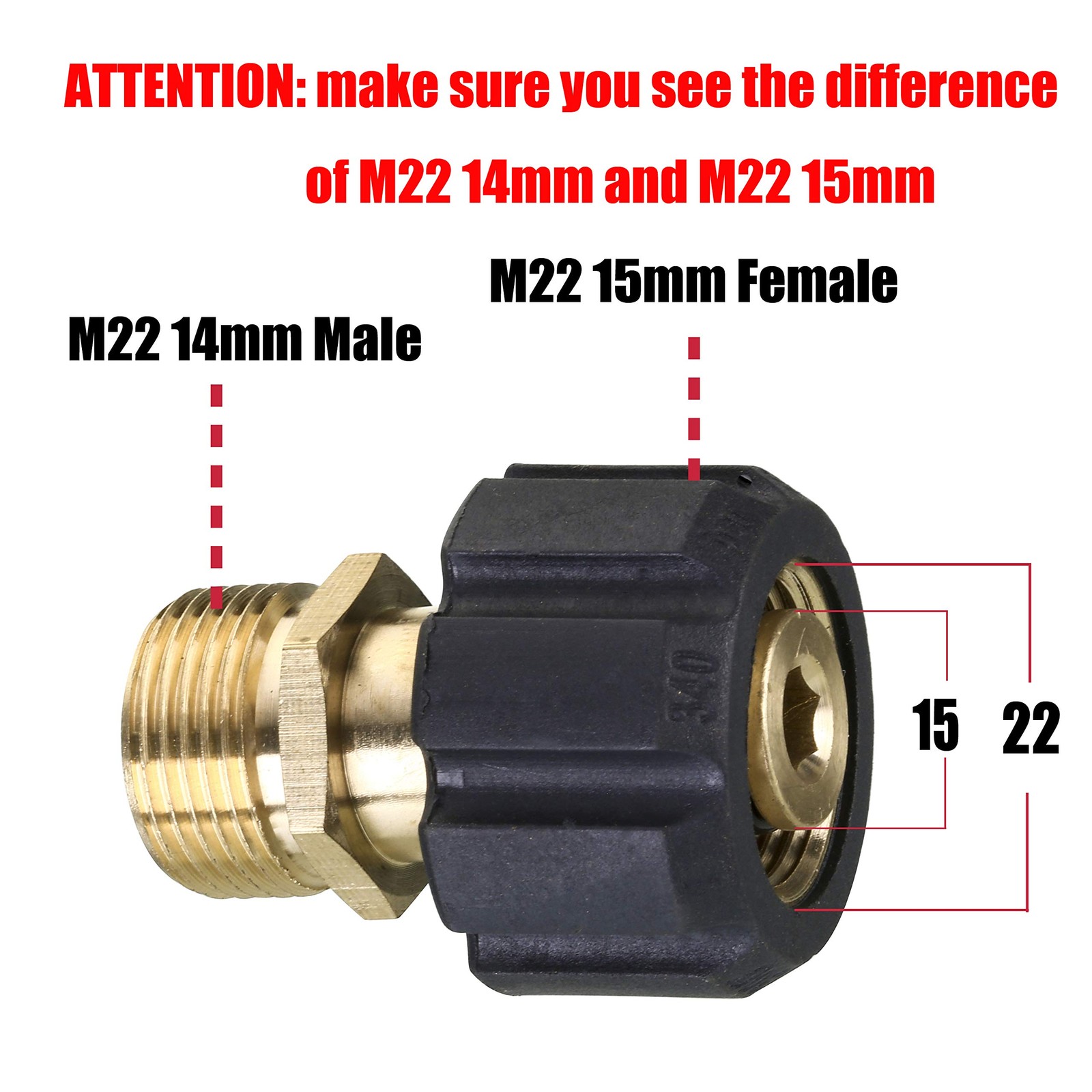Pressure Washer Adapter, Metric M22 15mm Female Thread to M22 14mm Fitting, 4…