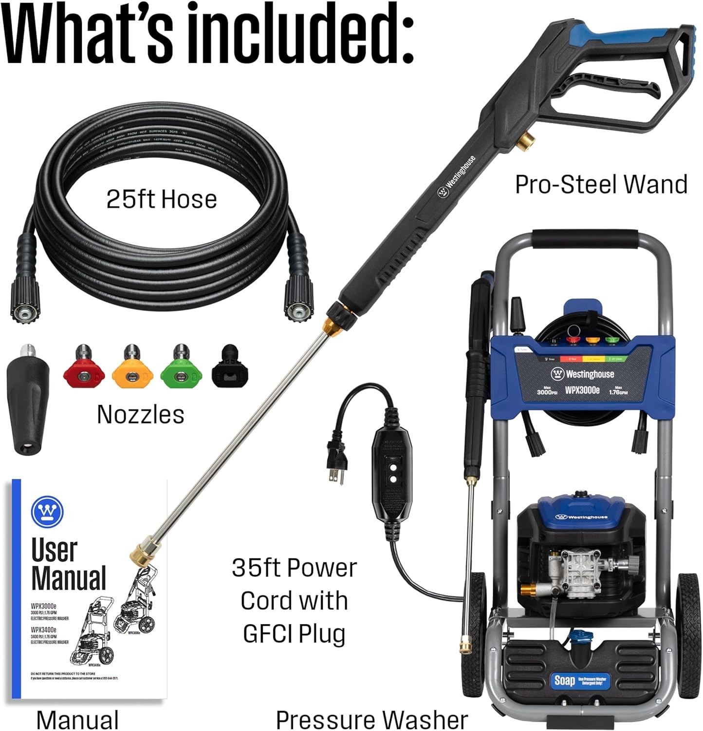 Westinghouse Wpx3000E Electric Pressure Washer, 3000 Max PSI and 1.76 Max GPM