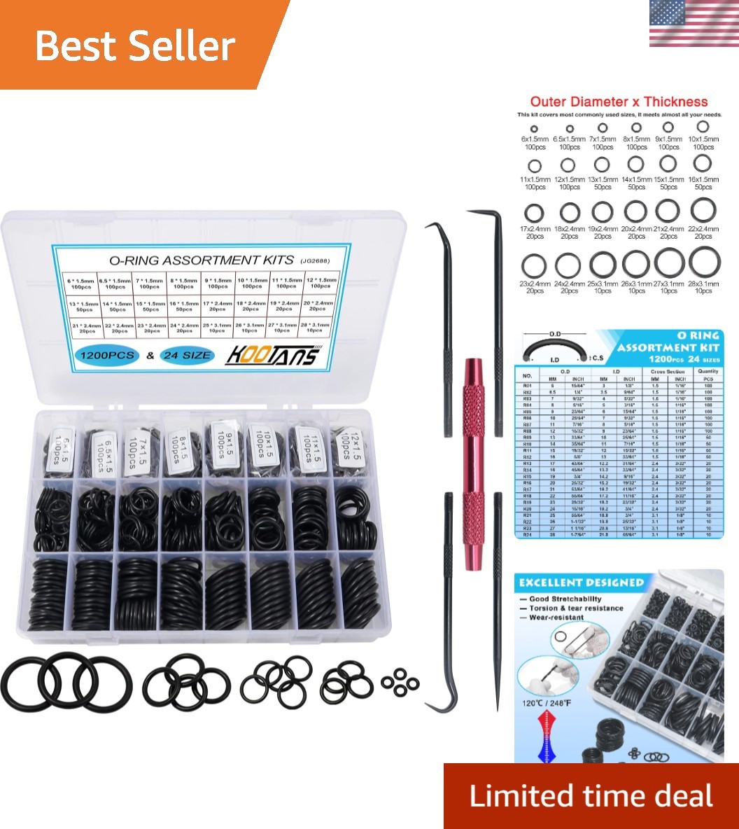 Nitrile Rubber O Ring Kit – 1200 Pcs in 24 Sizes for Plumbing, Automotive & More
