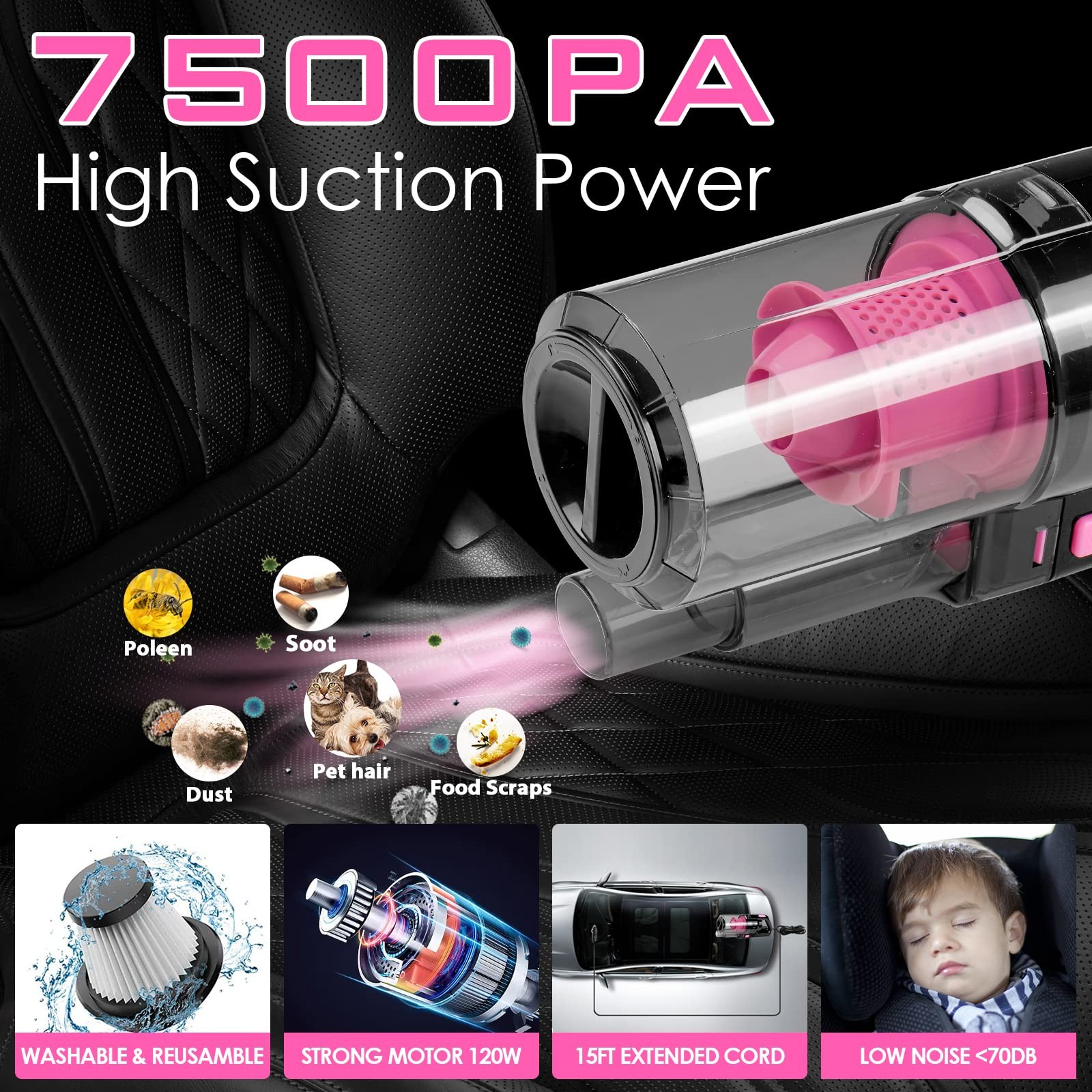 Viewsun 17pcs Car Cleaning Kit, Pink Interior Detailing Kit 17PCS,