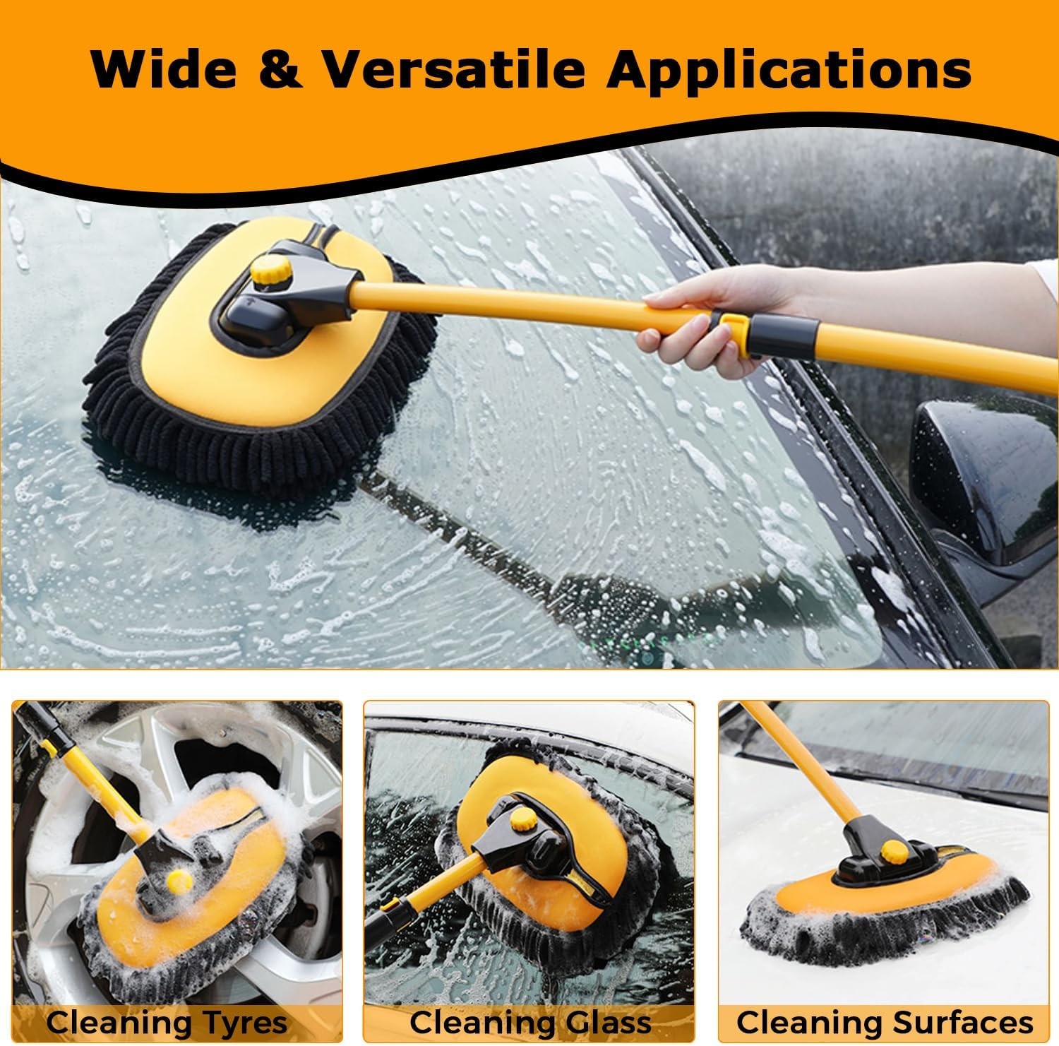 WillingHeart 15° Curved Car Wash Brush with Long Handle 43″ Large, Yellow