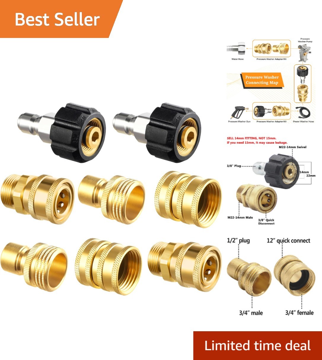 8-Piece Quick Disconnect Kit for Pressure Washers – Brass & 5,000 PSI Rated