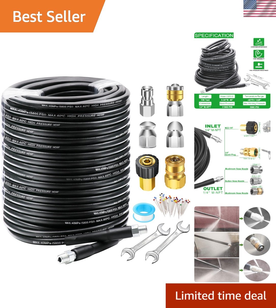 150FT Sewer Jetter Kit for Pressure Washer, 5800PSI Drain Cleaner Hose 1/4 In…