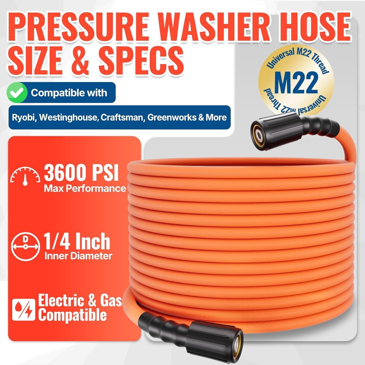 25 FT Kink Resistant Pressure Washer Hose – High-Visibility Orange for Easy Use