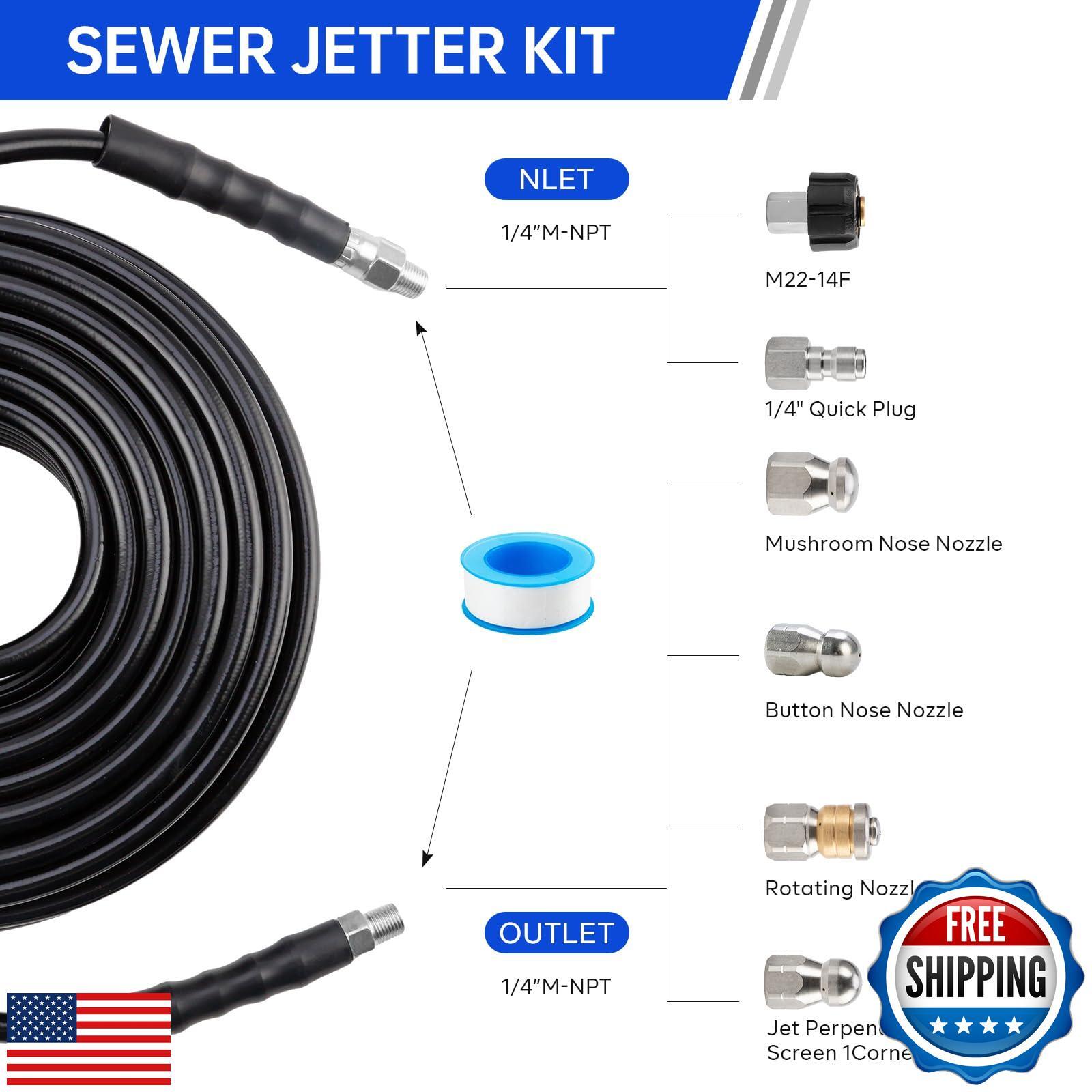 Sewer Jetter Kit 100FT for Pressure Washer, Pressure Washer Drain Jetter with