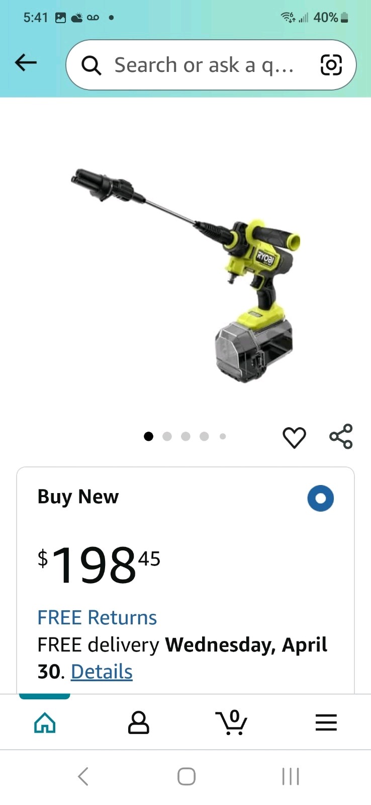 RYOBI 40V HP 600PSI EZClean Power Washer 2.0 Battery And Charger