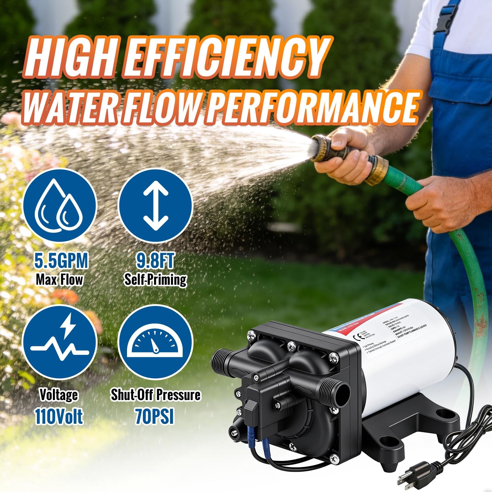 Water Pressure Diaphragm Pump 110V AC 5.5GPM 70PSI RV Water Transfer Pump 110…